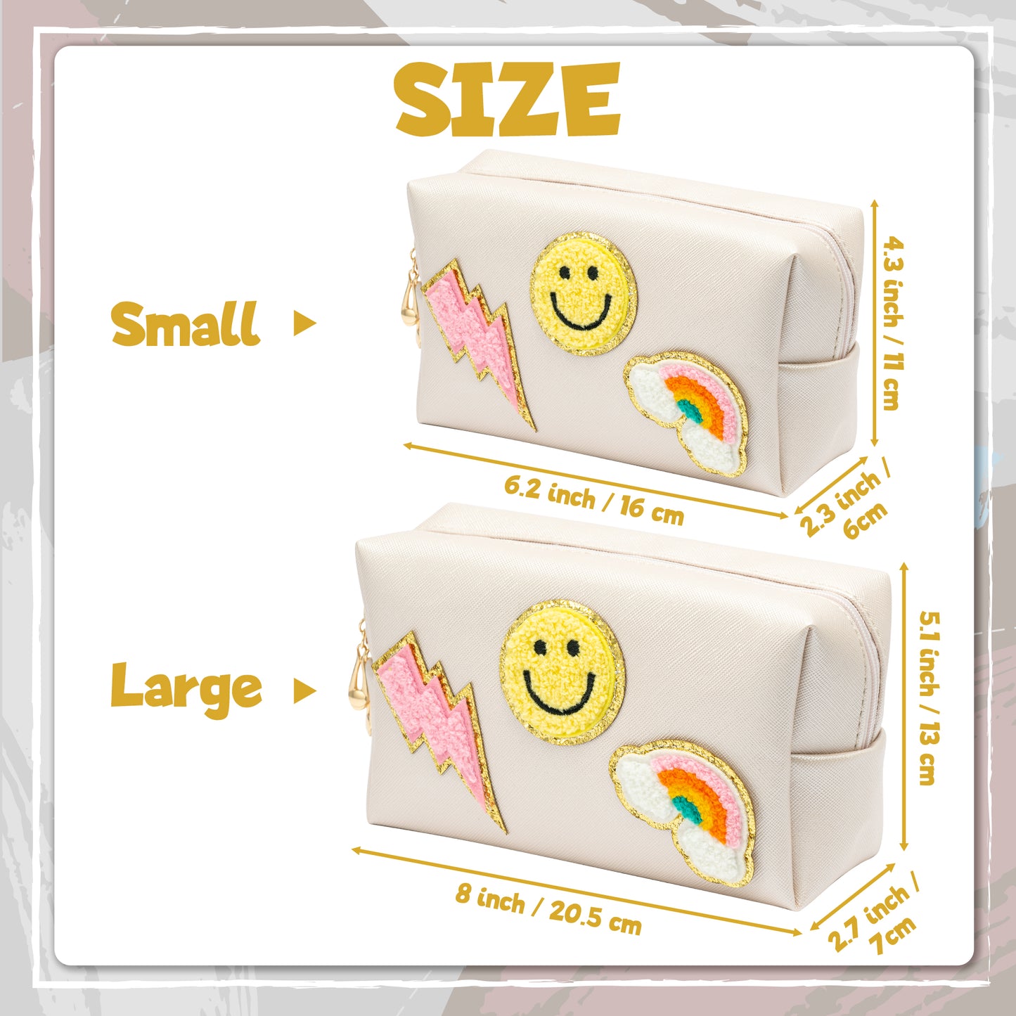 LieToi Preppy Patch Cosmetic Toiletry Bag, PU Leather Portable Waterproof Makeup Bag Smile Lightning Rainbow Organizer Compliant Bag Daily Travel Use Storage Purse for Women Girls (Large, Shell White)