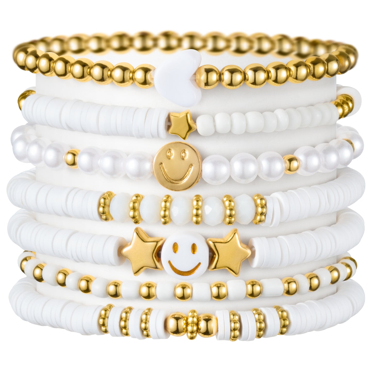 LieToi 7Pcs Preppy Heishi Bracelets for Women Girls - White Smile Star Beaded Surfer Bracelets Polymer Clay Stackable Disc Summer Beach Layering Bracelets Y2K Stretch Back to School Birthday Gift