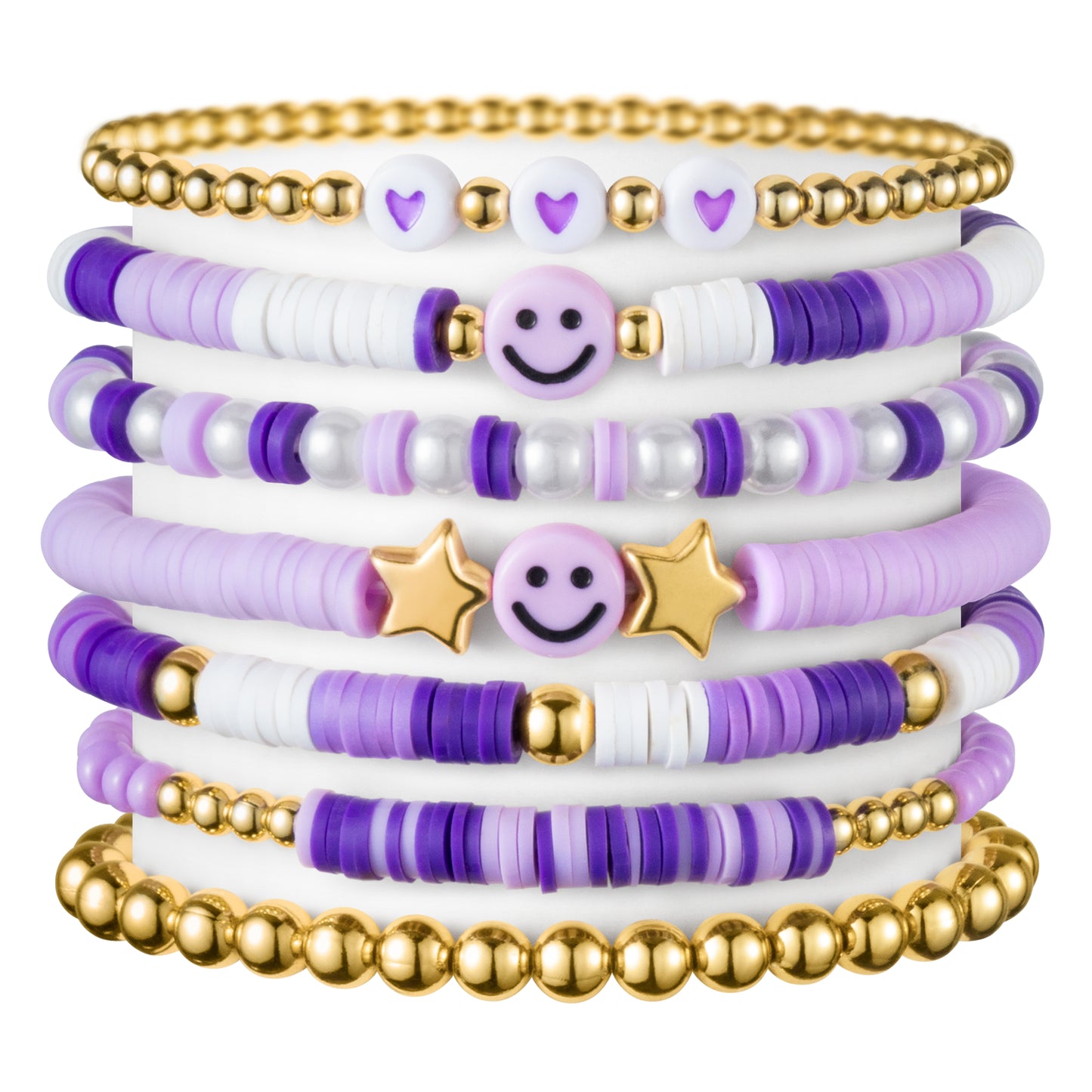 LieToi 7Pcs Preppy Heishi Bracelets for Women Girls - Purple Surfer Bracelets Polymer Clay Stackable Disc Smile Star Beaded Summer Beach Y2K Stretch Back to School Birthday Gift Layering Bracelets