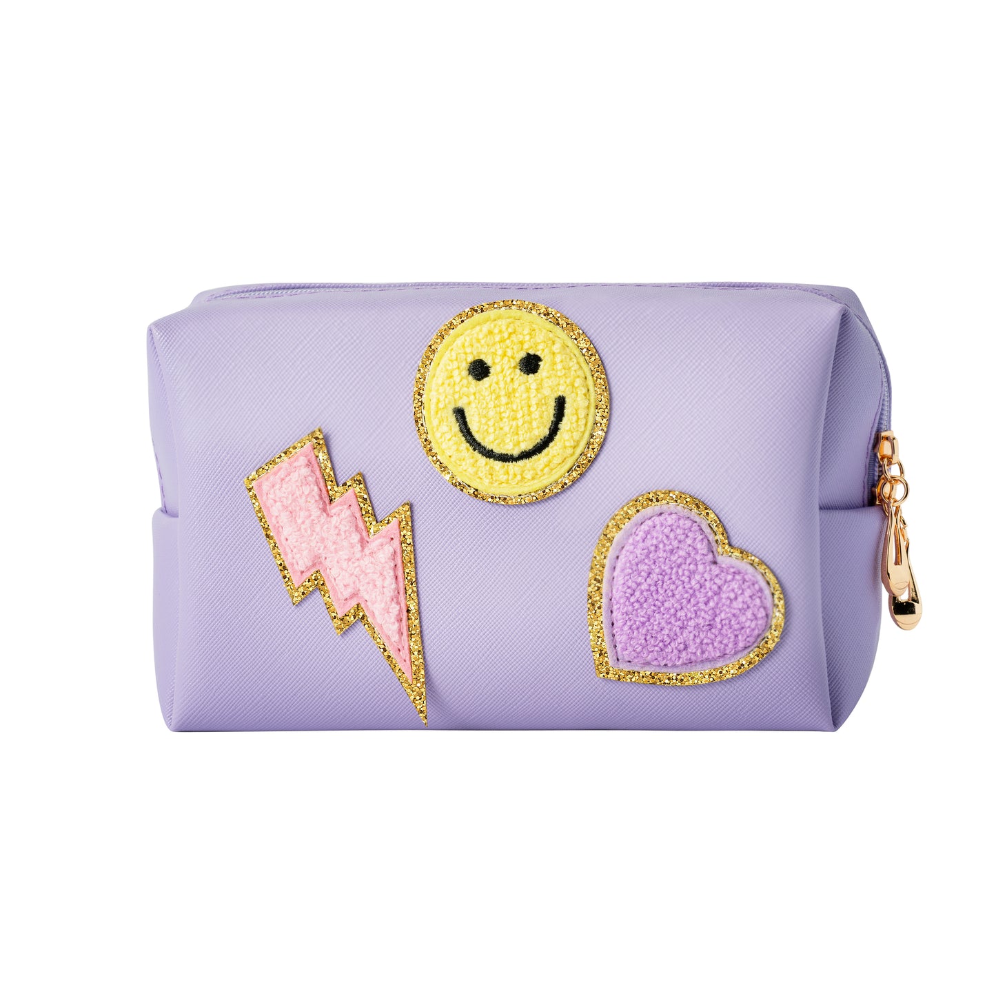 LieToi Preppy Patch Small Toiletry Bag, Smile Lightning Heart PU Leather Portable Waterproof Makeup Cosmetic Bag Daily Use Storage Purse Travel Organizer Compliant Bag for Women Girls (Taro Purple)