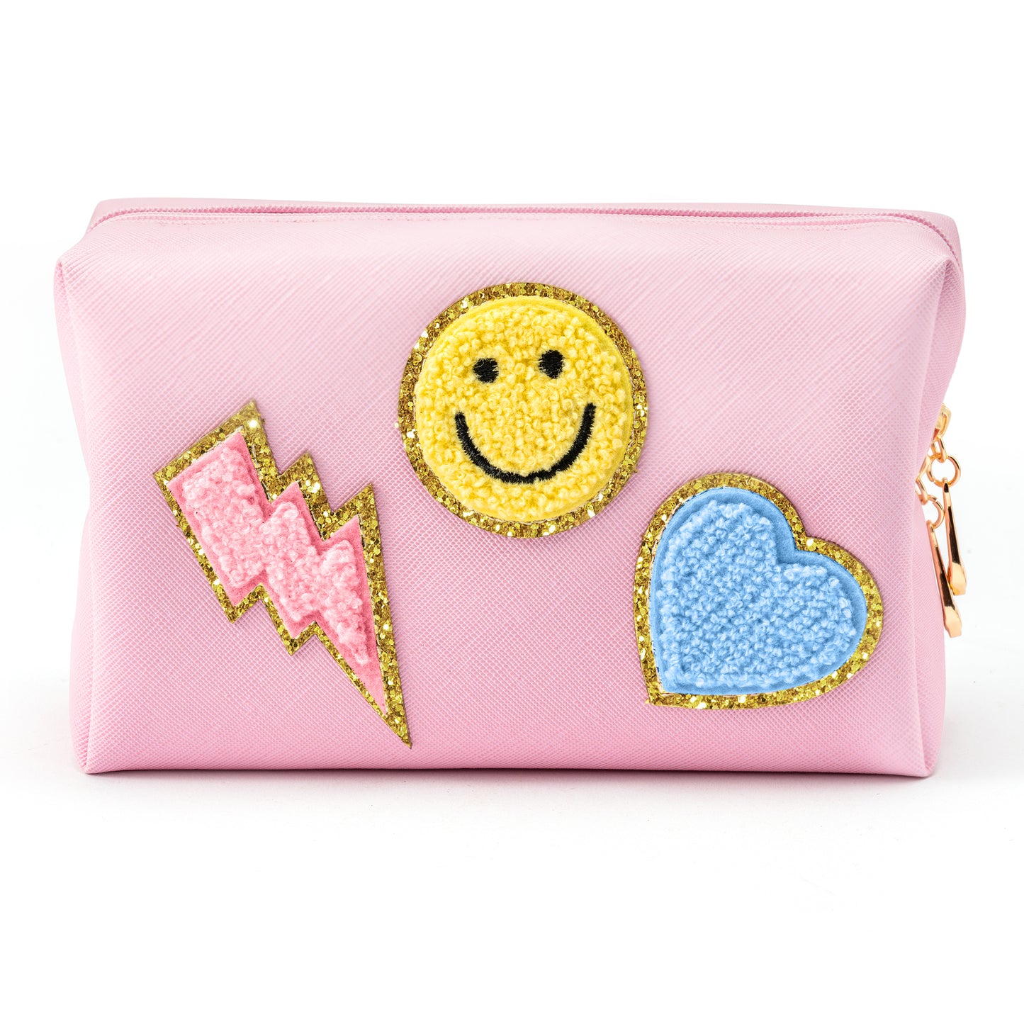 LieToi Preppy Patch Small Toiletry Bag, Smile Lightning Heart PU Leather Portable Waterproof Makeup Cosmetic Bag Daily Use Storage Purse Travel Organizer Compliant Bag for Women Girls (Blue Heart)