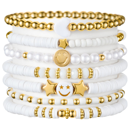 LieToi 7Pcs Preppy Heishi Bracelets for Women Girls - White Smile Star Beaded Surfer Bracelets Polymer Clay Stackable Disc Summer Beach Layering Bracelets Y2K Stretch Back to School Birthday Gift