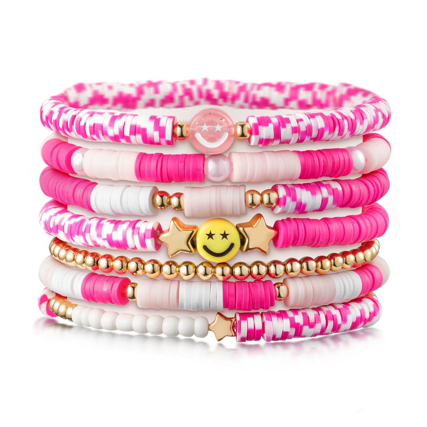 LieToi 7Pcs Preppy Heishi Bracelets Hot Pink Smile Star Beaded Surfer Bracelets Polymer Clay Stackable Disc Summer Beach Layering Bracelets Y2K Stretch Boho Jewelry Gift for Women Girls