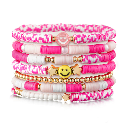 LieToi 7Pcs Preppy Heishi Bracelets Hot Pink Smile Star Beaded Surfer Bracelets Polymer Clay Stackable Disc Summer Beach Layering Bracelets Y2K Stretch Boho Jewelry Gift for Women Girls