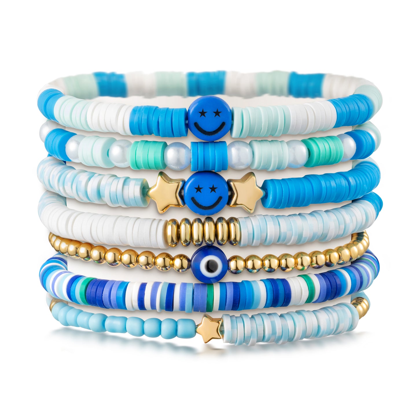 LieToi 7Pcs Preppy Heishi Bracelets Blue Smile Evil Eye Star Beaded Surfer Bracelets Polymer Clay Stackable Disc Summer Beach Layering Bracelets Y2K Stretch Boho Jewelry for Women Girls