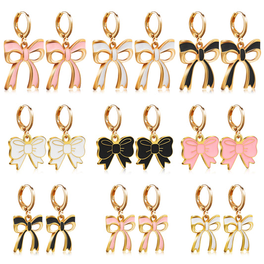 LieToi 9 Pairs Gold Bow Earrings for Women - Coquette Bowknot Hoop Drop Dangle Earrings Charms Pink Bow Trendy Stuff Bridal Shower Birthday Valentine’s Day Daily Gift
