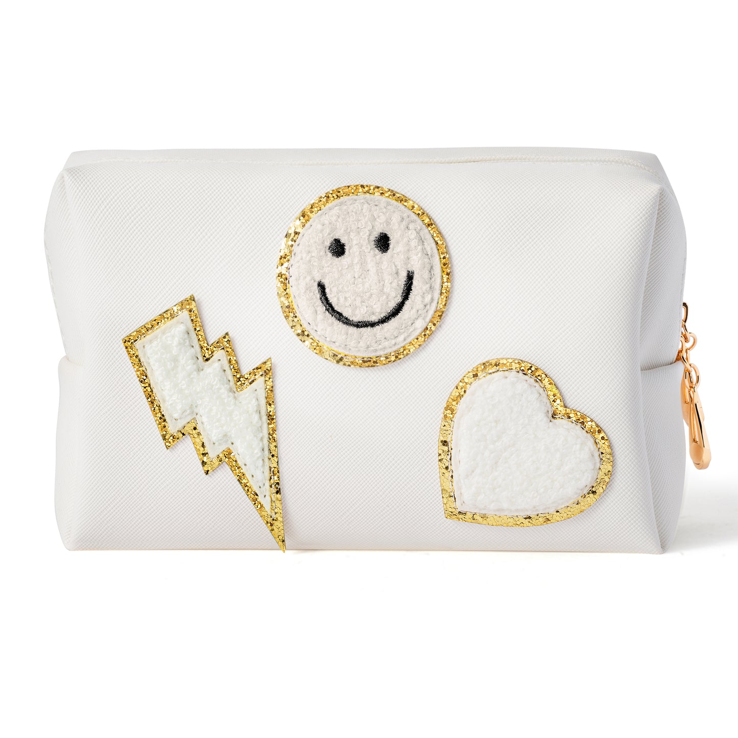 LieToi Preppy Patch Small Toiletry Bag, Smile Lightning Heart PU Leather Portable Waterproof Makeup Cosmetic Bag Daily Use Storage Purse Travel Organizer Compliant Bag for Women Girls (Pure White)