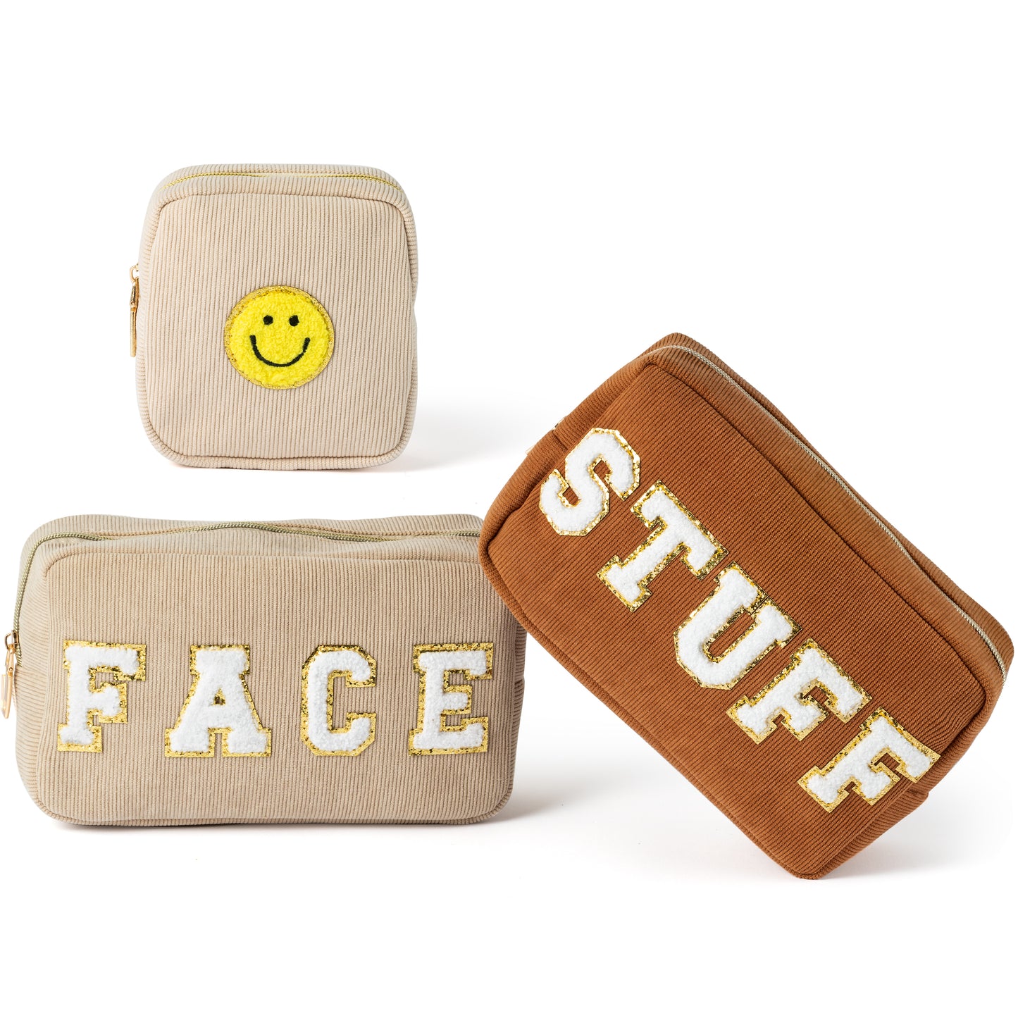 LieToi 3Pcs Preppy Corduroy Makeup Bags Set, Stuff Face Chenille Letter Patch Cosmetic Bag Portable Toiletry Bag Large Capacity Storage Zipper Purse Travel Organizer Bag for Women Girls