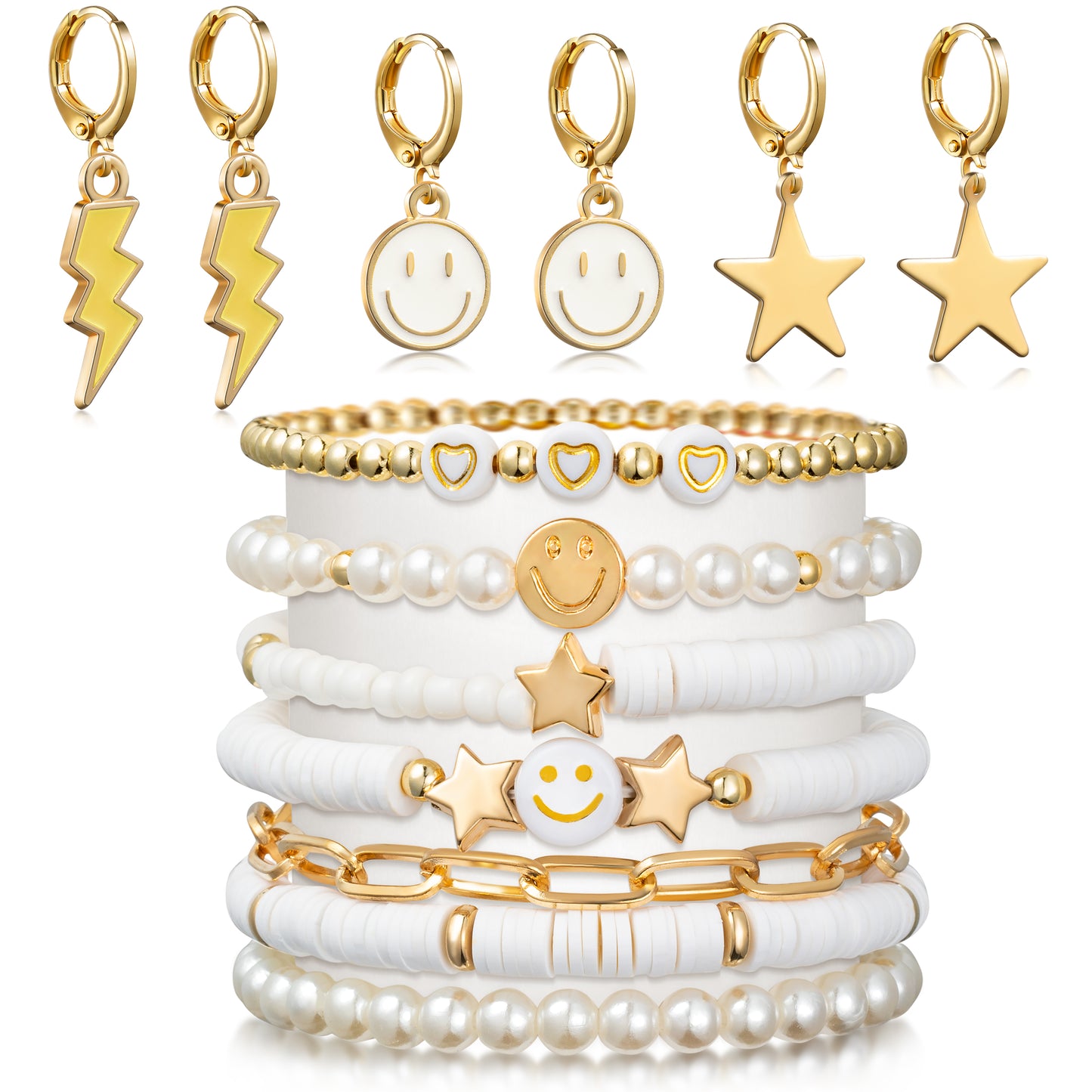 LieToi Preppy Heishi Bracelets and Earrings Kit White Polymer Clay Stackable Disc Summer Beach Surfer Bracelets Preppy Charms Pendants Huggie Hoop Dangle Earrings Y2K Boho Jewelry for Women Girls Gift