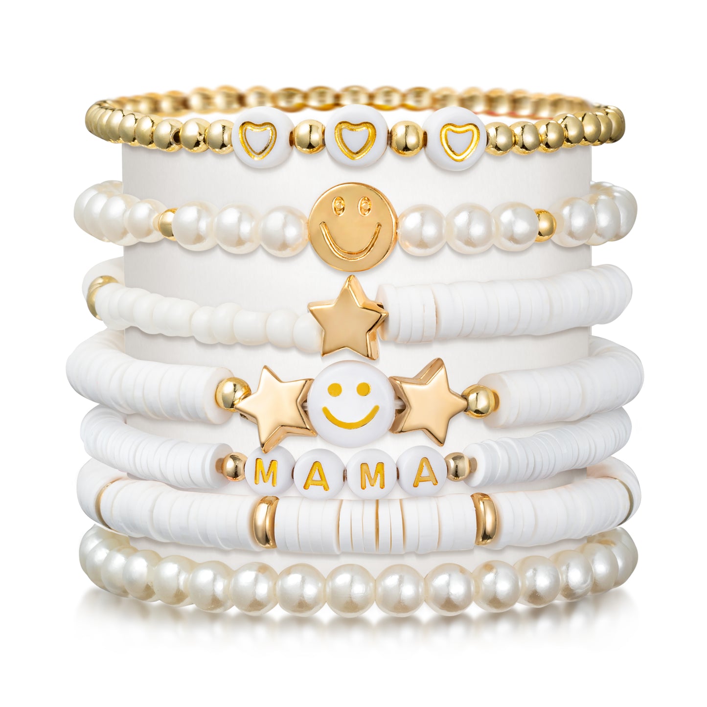 LieToi 7Pcs Preppy MAMA Heishi Bracelets Set White Smile Heart Star Beaded Surfer Bracelets Gifts for Mom Polymer Clay Pearl Stackable Summer Beach Boho Layering Stretch Birthday Mothers Day Gifts