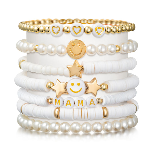 LieToi 7Pcs Preppy MAMA Heishi Bracelets Set White Smile Heart Star Beaded Surfer Bracelets Gifts for Mom Polymer Clay Pearl Stackable Summer Beach Boho Layering Stretch Birthday Mothers Day Gifts