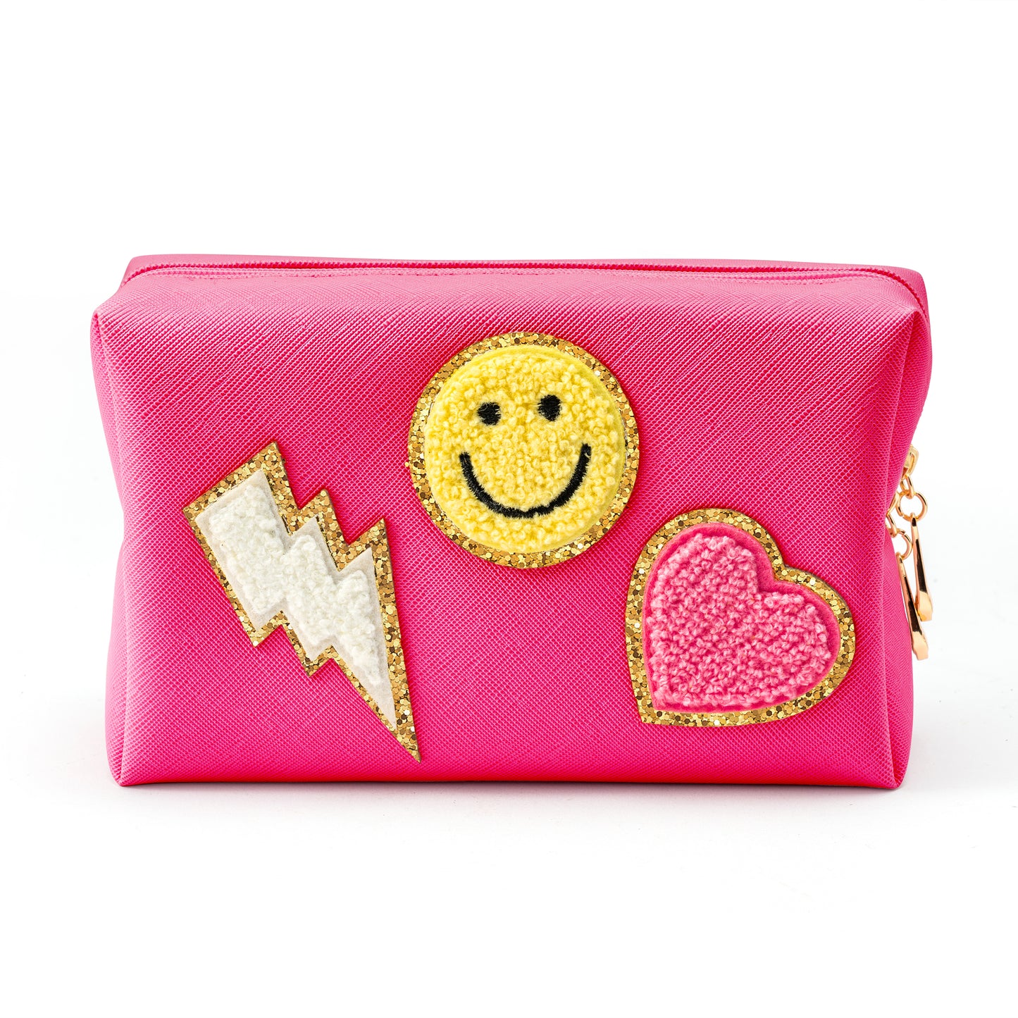LieToi Preppy Patch Small Toiletry Bag, Smile Lightning Heart PU Leather Portable Waterproof Makeup Cosmetic Bag Daily Use Storage Purse Travel Organizer Compliant Bag for Women Girls Gift (Rose Red)