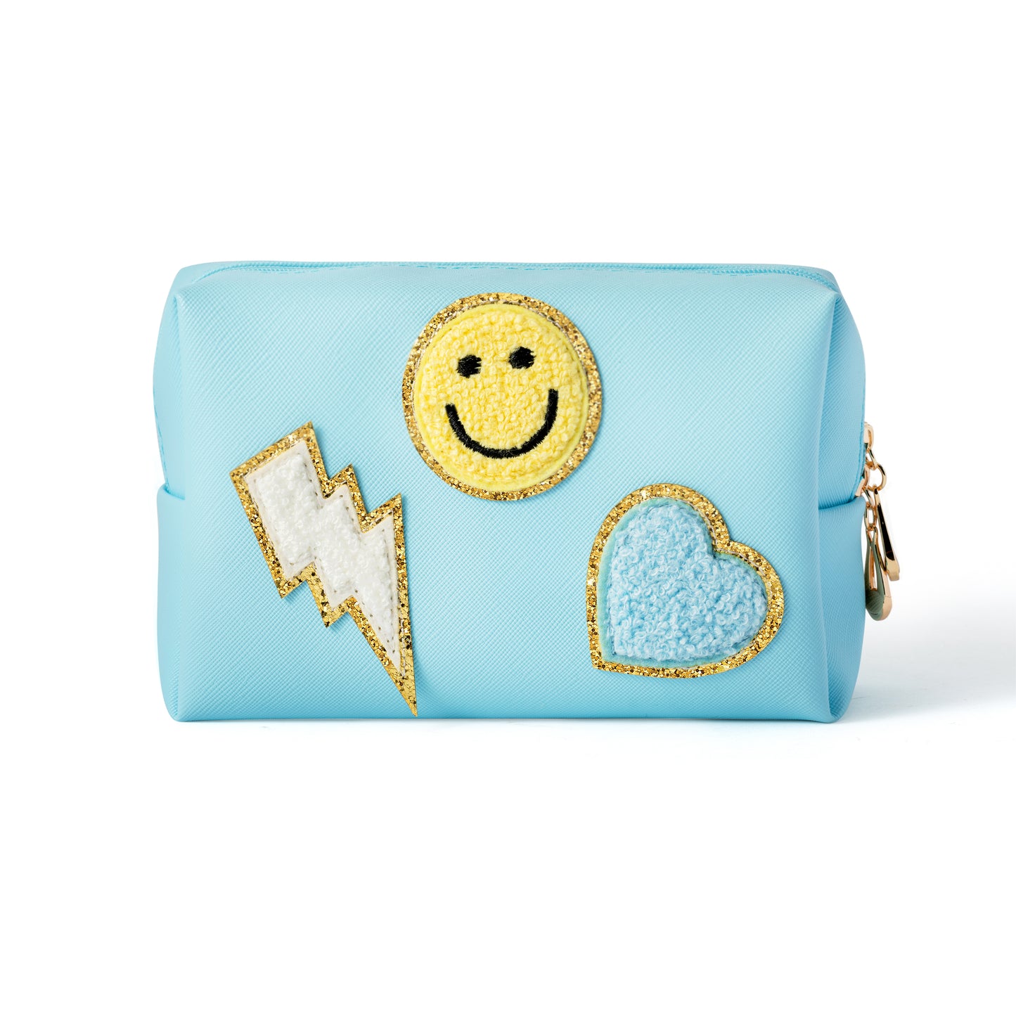 LieToi Preppy Patch Small Toiletry Bag, Smile Lightning Heart PU Leather Portable Waterproof Makeup Cosmetic Bag Daily Use Storage Purse Travel Organizer Compliant Bag for Women Girls (Canal Blue)
