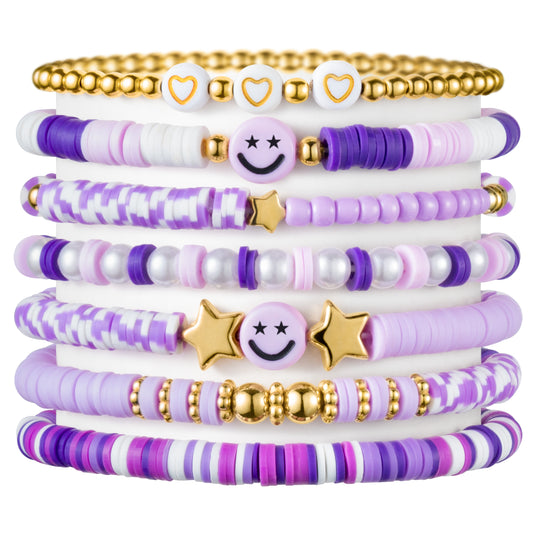 LieToi 7Pcs Preppy Heishi Bracelets for Women Girls - Purple Smile Star Beaded Surfer Bracelets Polymer Clay Stackable Disc Summer Beach Layering Bracelets Y2K Stretch Back to School Birthday Gift