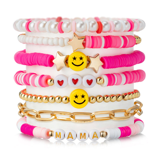 LieToi 7Pcs Preppy MAMA Heishi Bracelets Set Hot Pink Smile Heart Star Beaded Surfer Bracelets Gifts for Mom Polymer Clay Pearl Stackable Summer Beach Boho Layering Stretch Birthday Mothers Day Gifts