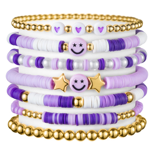 LieToi 7Pcs Preppy Heishi Bracelets for Women Girls - Purple Surfer Bracelets Polymer Clay Stackable Disc Smile Star Beaded Summer Beach Y2K Stretch Back to School Birthday Gift Layering Bracelets