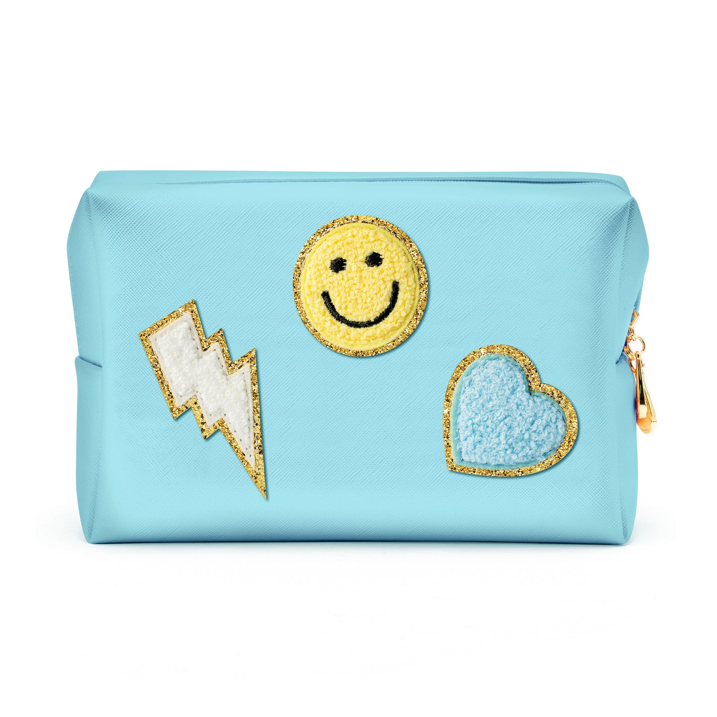 LieToi Preppy Patch Cosmetic Toiletry Bag, PU Leather Portable Waterproof Makeup Bag Smile Lightning Heart Organizer Compliant Bag Daily Travel Use Storage Purse for Women Girls (Large, Canal Blue)