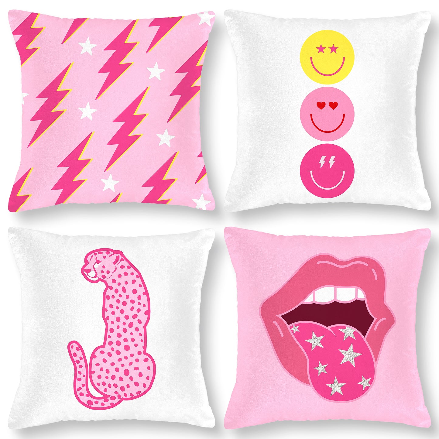 LieToi 4Pcs Preppy Velvet Pillow Covers Soft Hot Pink and White Square Cushion Case Covers Smile Lip Leopard Lightning Bolt Pattern Room Aesthetic Decor Pillow Cases for Dormitory Sofa 18 x 18 Inch