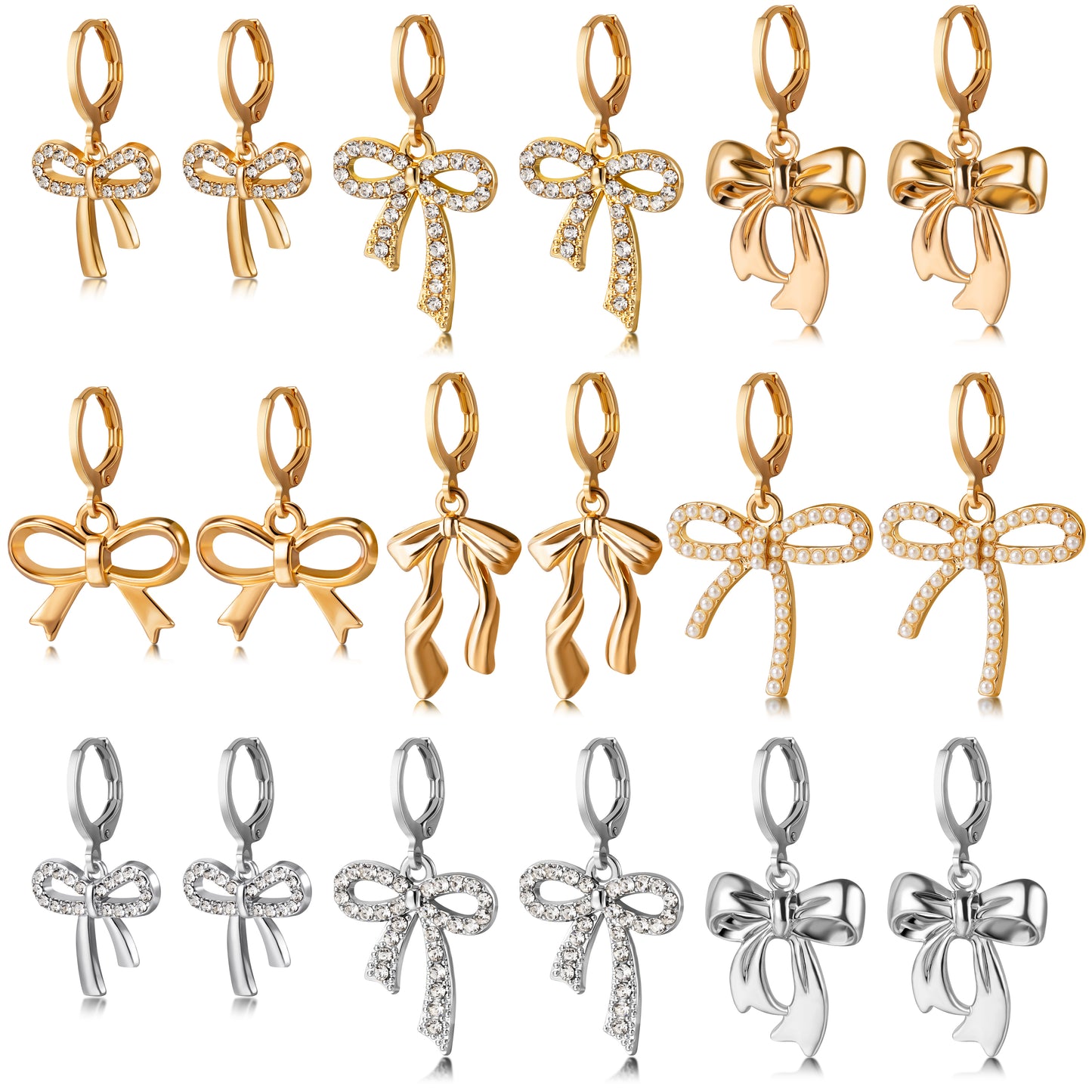 LieToi 9 Pairs Gold Rhinestone Bow Earrings for Women - Coquette Bowknot Hoop Drop Dangle Earrings Charms Silver Bow Trendy Stuff Bridal Shower Birthday Valentine’s Day Daily Gift