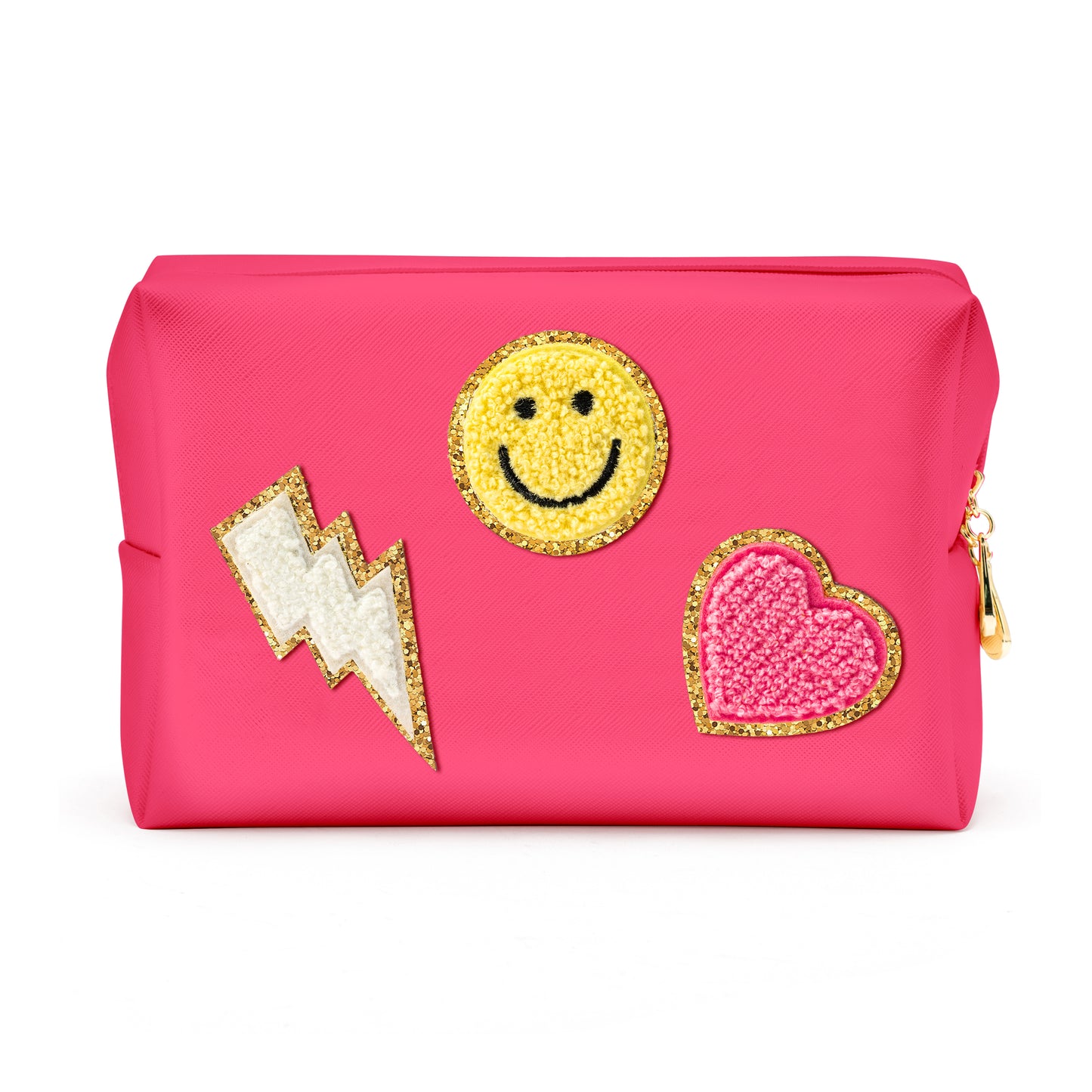 LieToi Preppy Patch Cosmetic Toiletry Bag, PU Leather Portable Waterproof Makeup Bag Smile Lightning Heart Organizer Compliant Bag Daily Travel Use Storage Purse for Women Girls (Large, Rose Red)