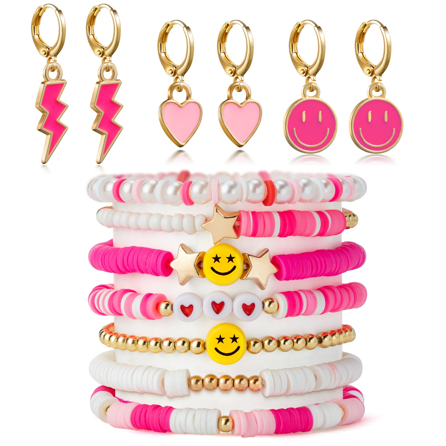 LieToi Preppy Heishi Bracelets and Earrings Kit Hot Pink Polymer Clay Stackable Disc Summer Beach Surfer Bracelets Preppy Charms Pendants Huggie Hoop Dangle Earrings Y2K Jewelry for Women Girls Gift