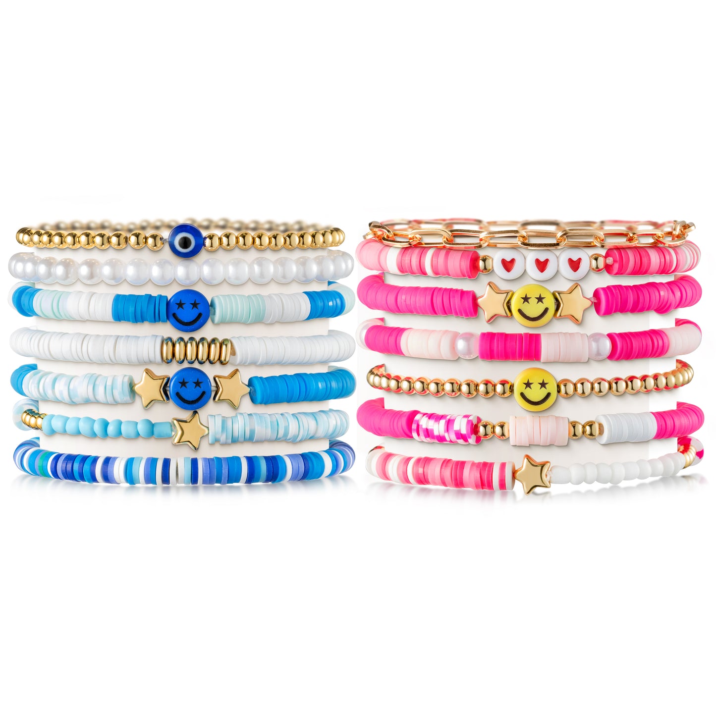 LieToi 14Pcs Preppy Heishi Bracelets Blue Pink Smile Star Heart Beaded Surfer Bracelets Polymer Clay Stackable Disc Summer Beach Layering Bracelets Y2K Stretch Boho Jewelry for Women Girls