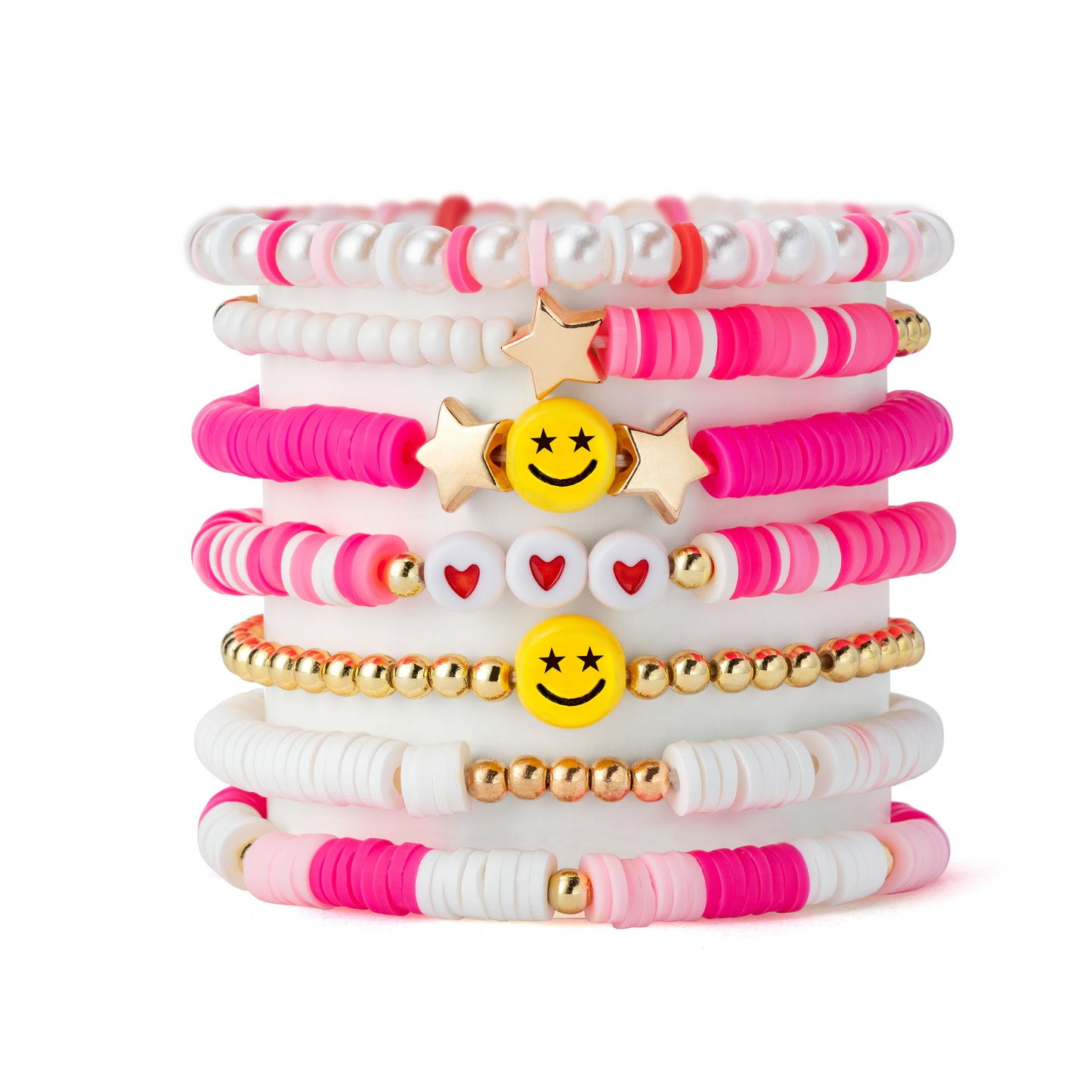 LieToi 7Pcs Preppy Heishi Bracelets Kit Hot Pink Smile Heart Star Beaded Surfer Bracelets Polymer Clay Pearl Stackable Disc Summer Beach Layering Bracelets Y2K Stretch Boho Jewelry for Women Girls