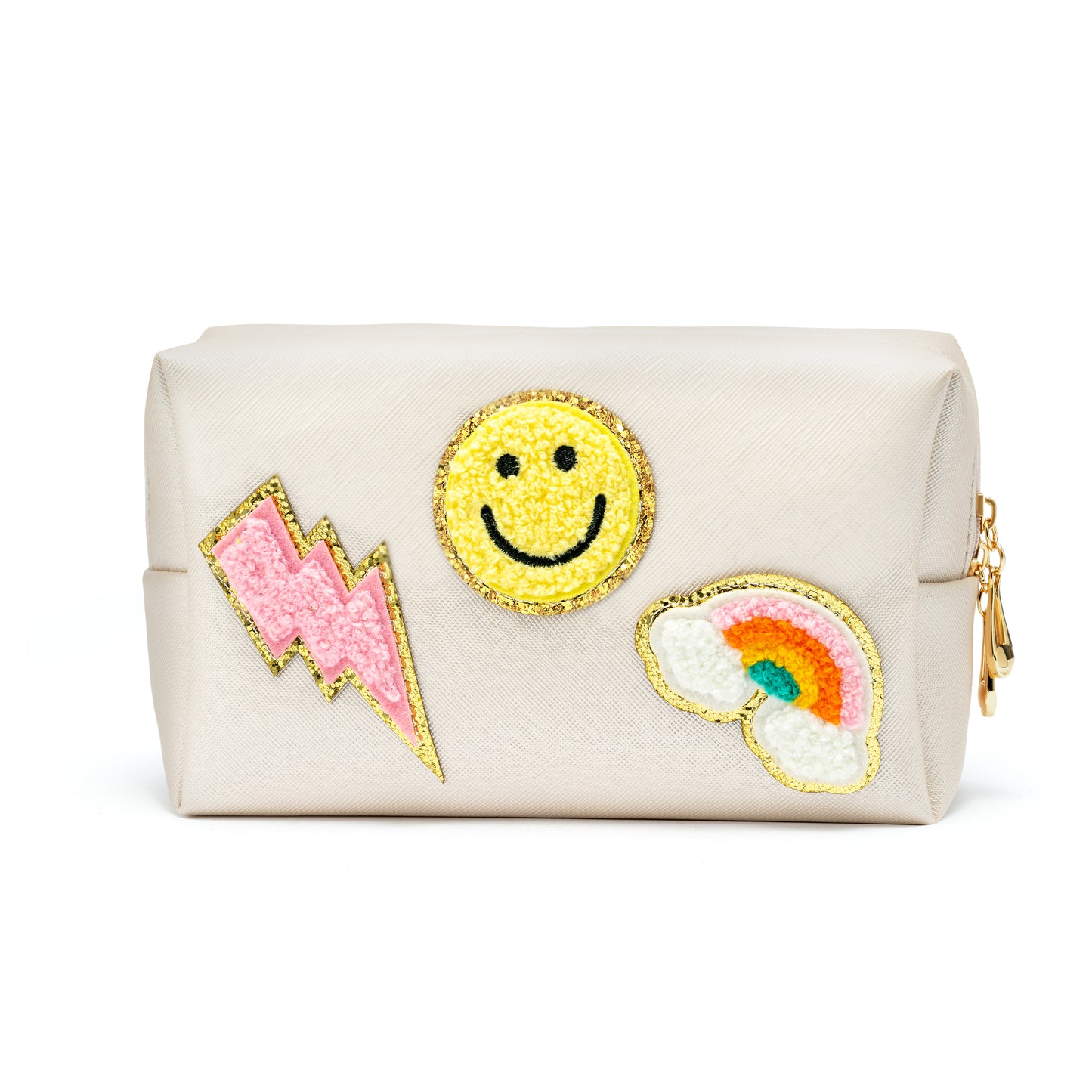 LieToi Preppy Patch Small Cosmetic Toiletry Bag Smile Rainbow Lightning PU Leather Waterproof Portable Cosmetic Makeup Bag Travel Organizer Pouch for Toiletries Storage Women Girls Gift (Shell White)