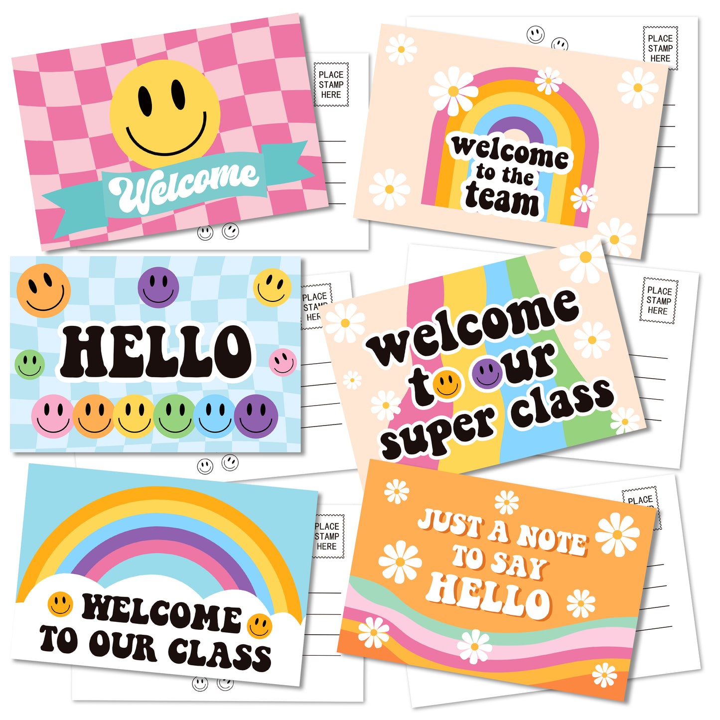 LieToi 60Pcs Welcome Postcards Back to School Supplies - 4 x 6 Inch Welcome to Our Class Blank Hello Greeting Cards Groovy Hippie Boho Daisy Smile Post Cards Gift Student Teacher Preschool Supplies