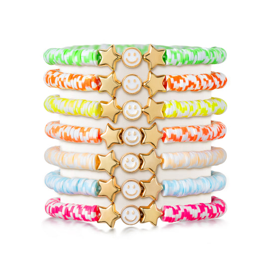 LieToi 7Pcs Preppy Heishi Bracelets Candy Color Smile Star Beaded Surfer Bracelets Polymer Clay Stackable Disc Summer Beach Layering Bracelets Y2K Stretch Boho Jewelry Gift for Women Girls