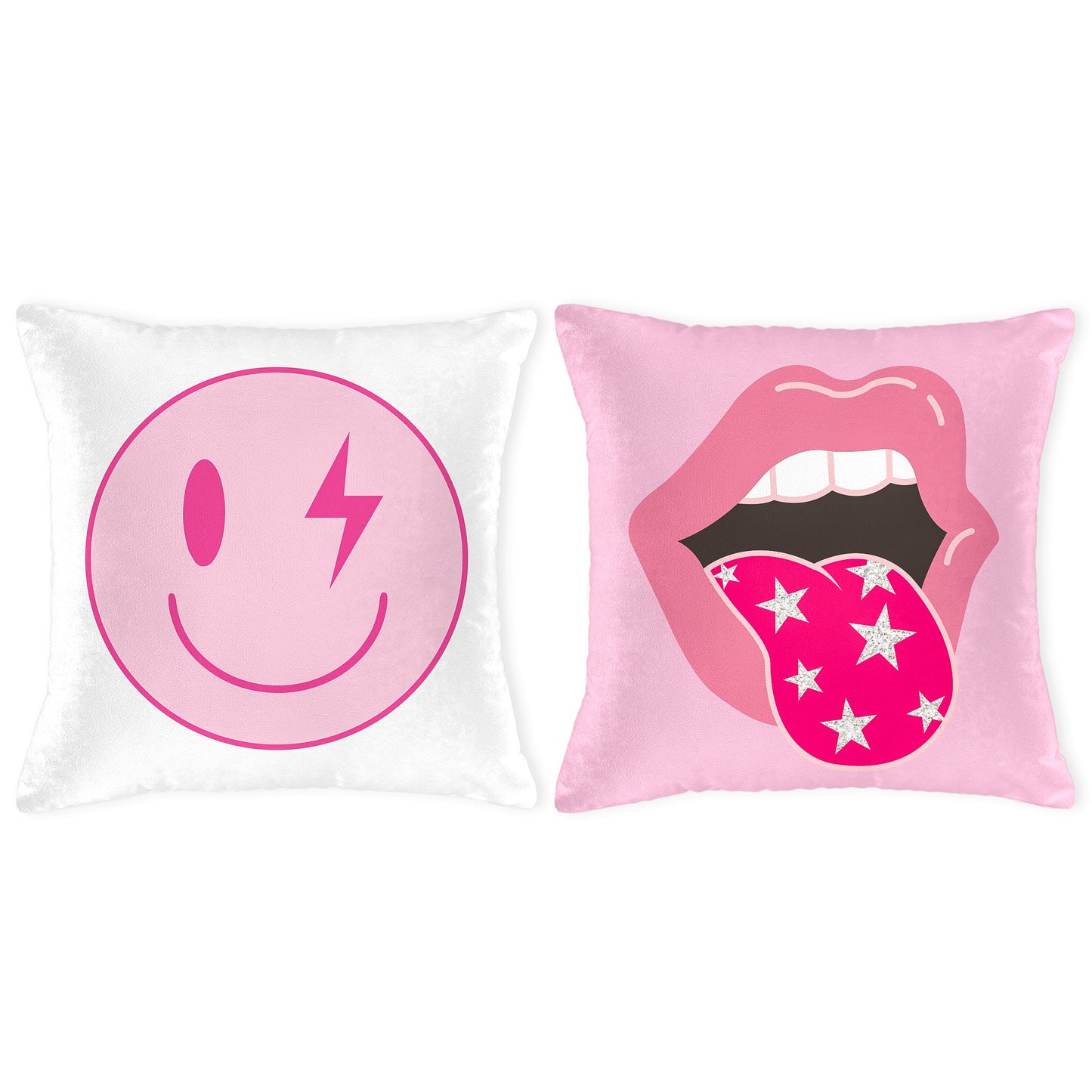 LieToi 2Pcs Preppy Velvet Pillow Covers Soft Hot Pink and White Square Cushion Case Covers Printed with Smile Lip Pattern Room Aesthetic Decor Pillow Cases for Dormitory Sofa Home Car 18 x 18 Inch