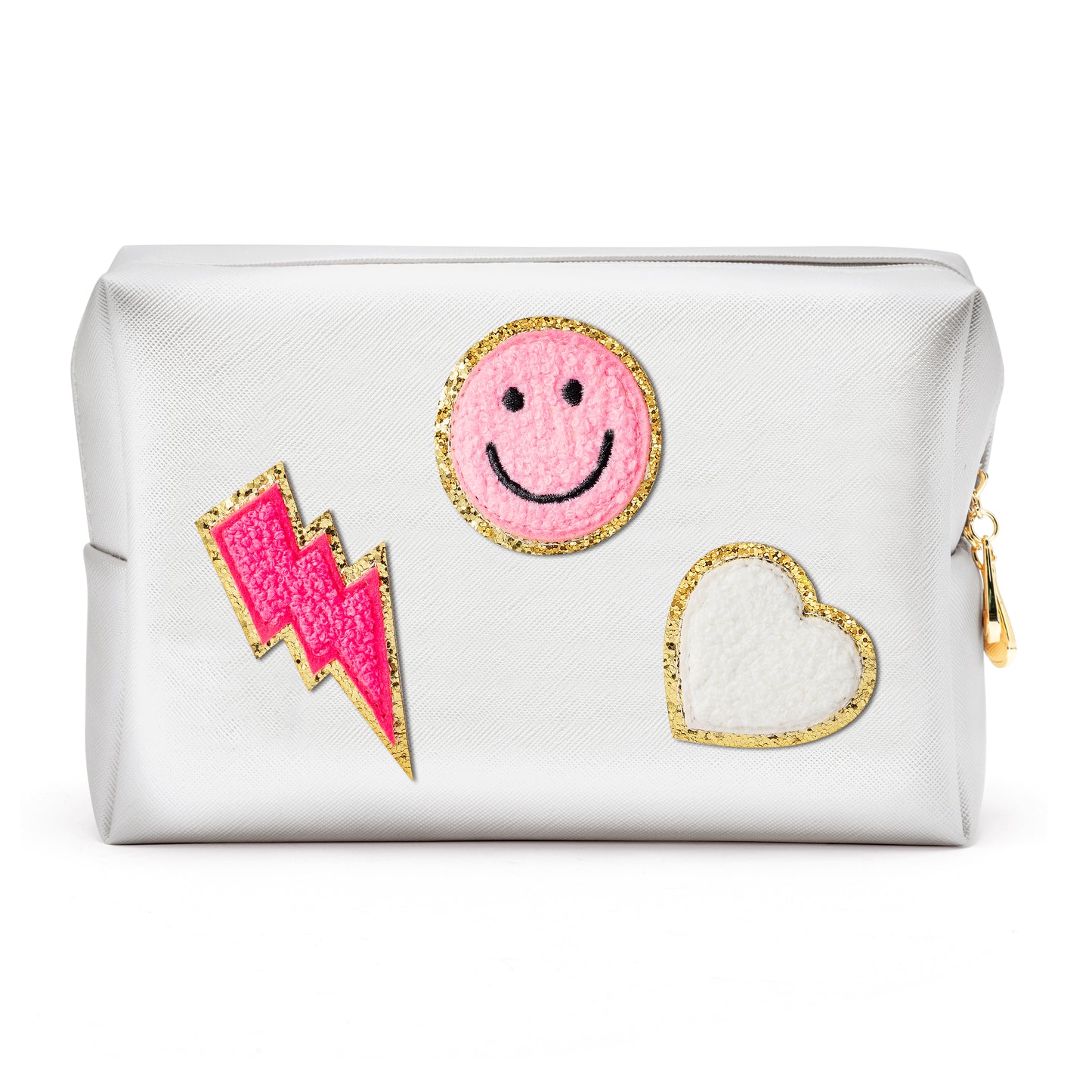 LieToi Preppy Patch Cosmetic Toiletry Bag, PU Leather Portable Waterproof Makeup Bag Smile Lightning Heart Organizer Compliant Bag Daily Travel Use Storage Purse for Women Girls (Large, White)