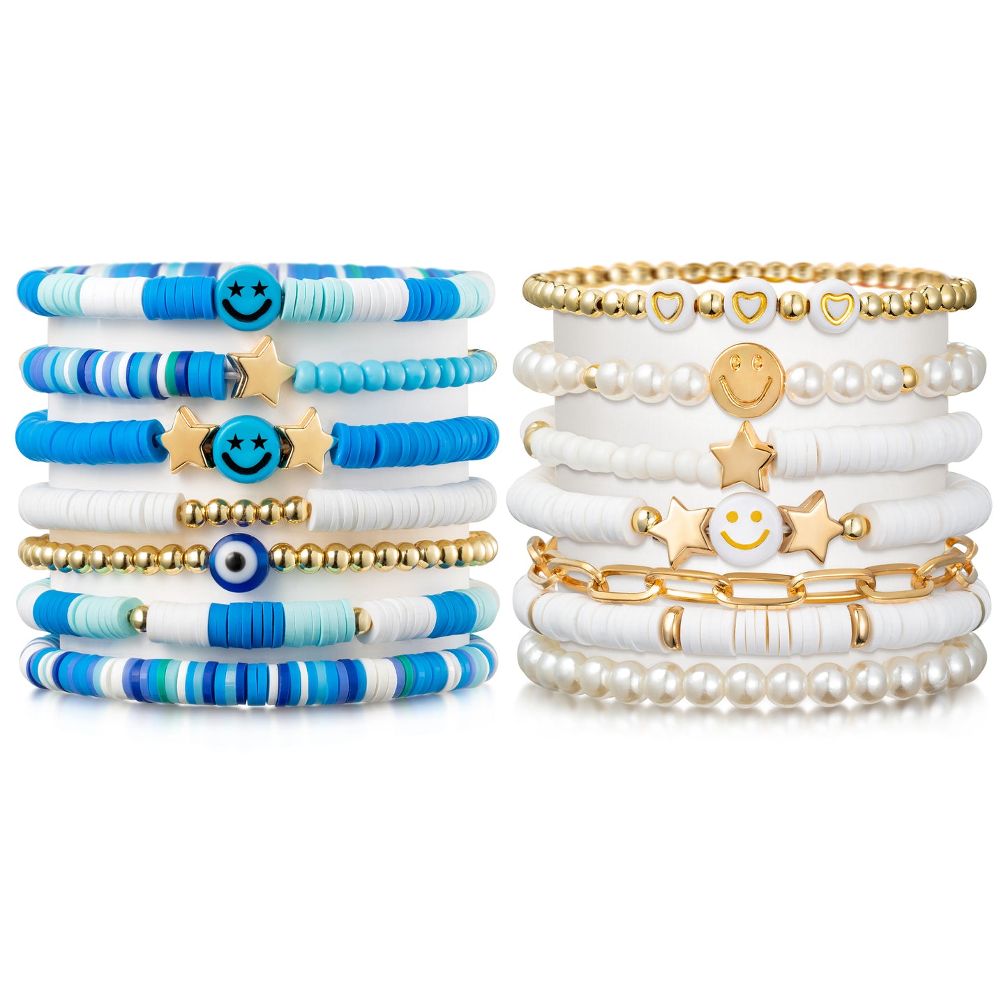 LieToi 14Pcs Preppy Heishi Bracelets Kit Sky Blue and White Smile Evil Eye Heart Star Beaded Surfer Bracelets Polymer Clay Pearl Stackable Disc Summer Beach Layering Bracelets Y2K Stretch Jewelry