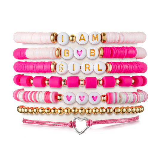 LieToi 7Pcs Preppy Heishi Bracelets Kit Pink Heart Beaded Surfer Bracelets Braided Rope Charms Polymer Clay Stackable Disc Summer Beach Layering Bracelets Y2K Stretch Boho Jewelry for Women Girls