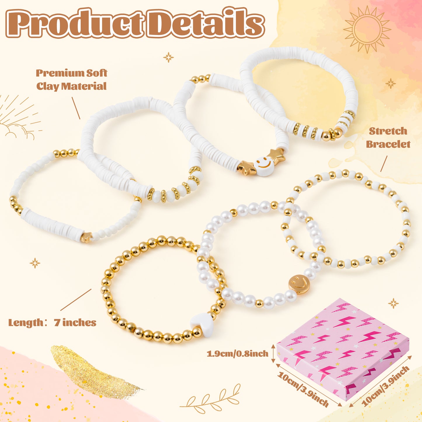 LieToi 7Pcs Preppy Heishi Bracelets for Women Girls - White Smile Star Beaded Surfer Bracelets Polymer Clay Stackable Disc Summer Beach Layering Bracelets Y2K Stretch Back to School Birthday Gift