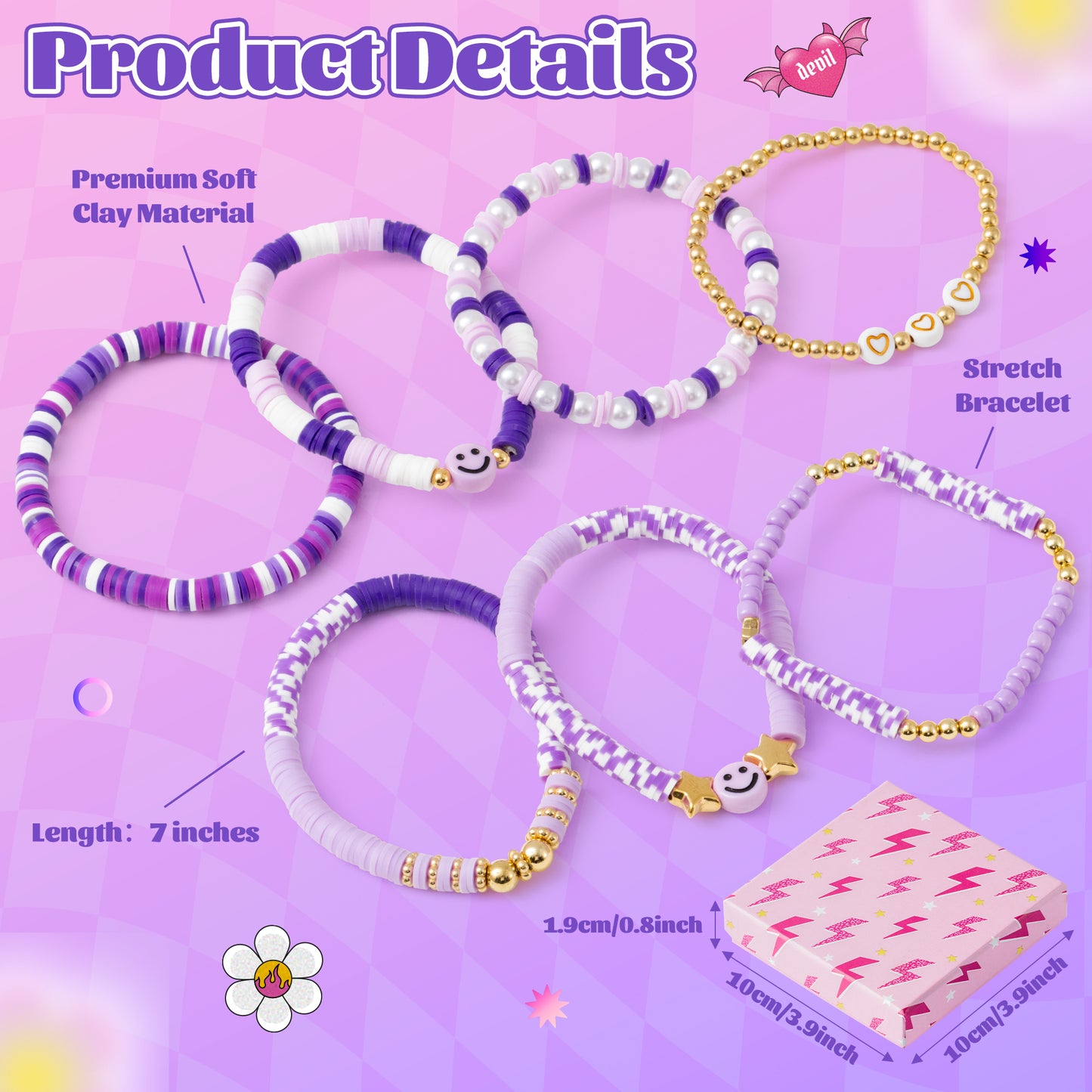 LieToi 7Pcs Preppy Heishi Bracelets for Women Girls - Purple Smile Star Beaded Surfer Bracelets Polymer Clay Stackable Disc Summer Beach Layering Bracelets Y2K Stretch Back to School Birthday Gift
