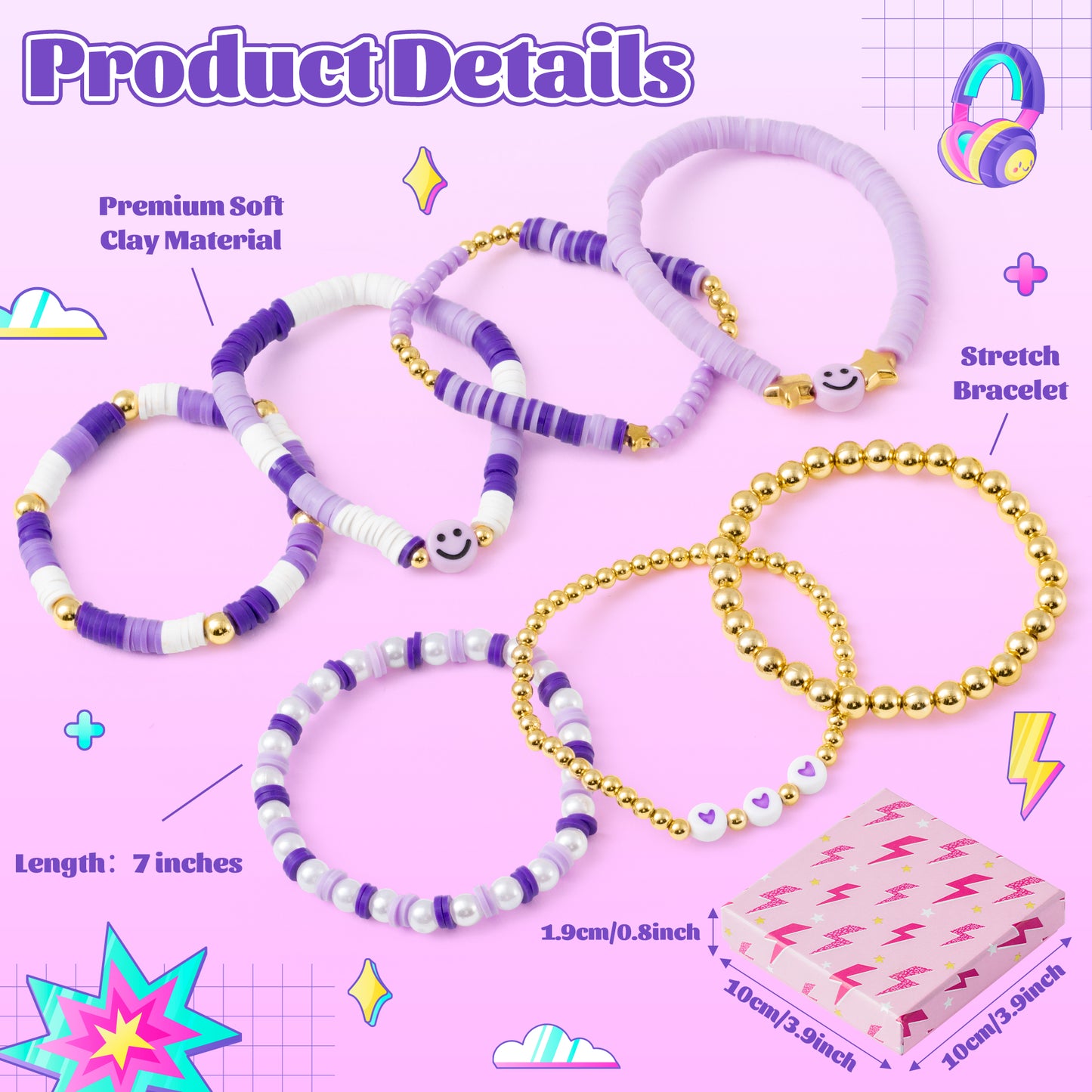 LieToi 7Pcs Preppy Heishi Bracelets for Women Girls - Purple Surfer Bracelets Polymer Clay Stackable Disc Smile Star Beaded Summer Beach Y2K Stretch Back to School Birthday Gift Layering Bracelets