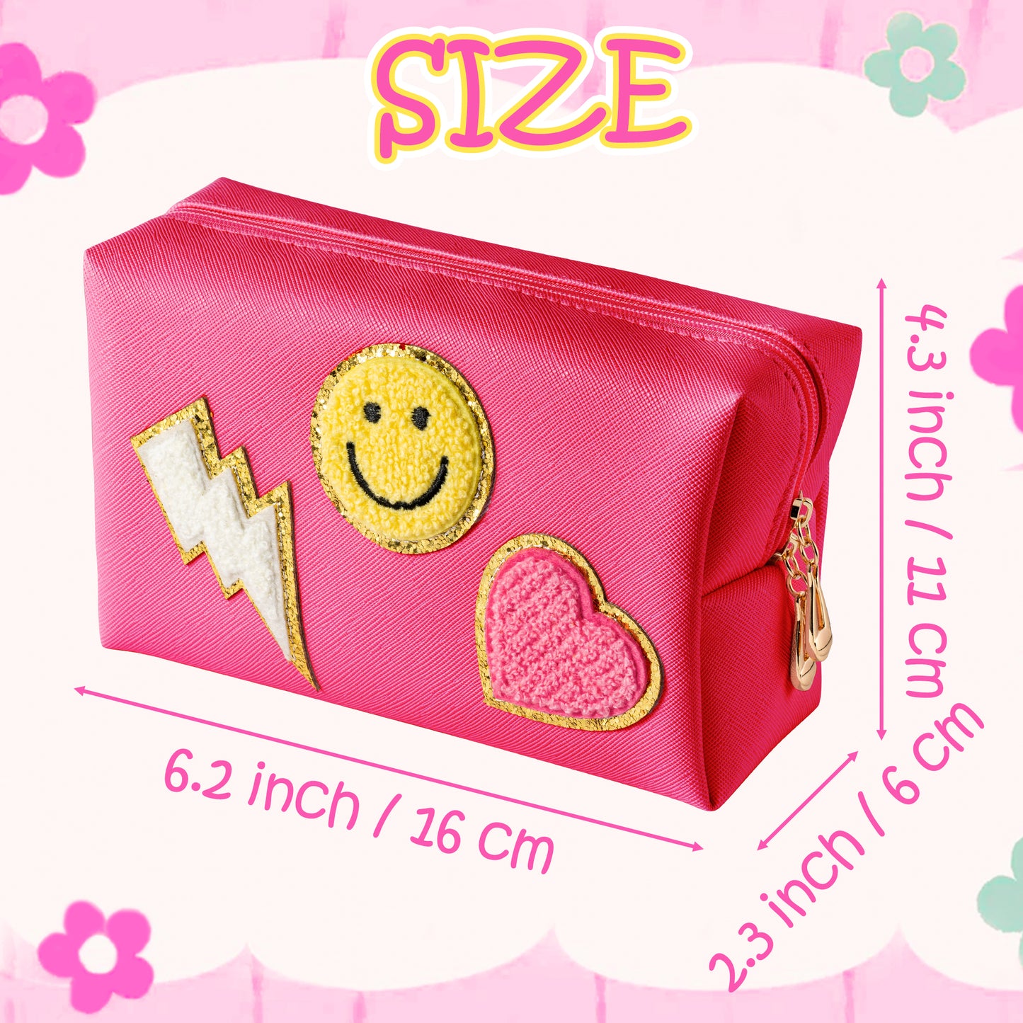 LieToi Preppy Patch Small Toiletry Bag, Smile Lightning Heart PU Leather Portable Waterproof Makeup Cosmetic Bag Daily Use Storage Purse Travel Organizer Compliant Bag for Women Girls Gift (Rose Red)
