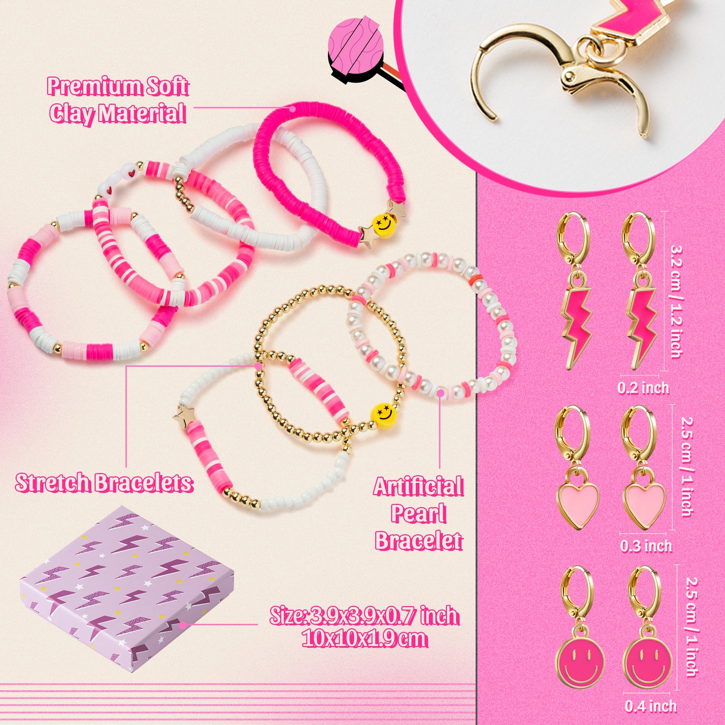LieToi Preppy Heishi Bracelets and Earrings Kit Hot Pink Polymer Clay Stackable Disc Summer Beach Surfer Bracelets Preppy Charms Pendants Huggie Hoop Dangle Earrings Y2K Jewelry for Women Girls Gift