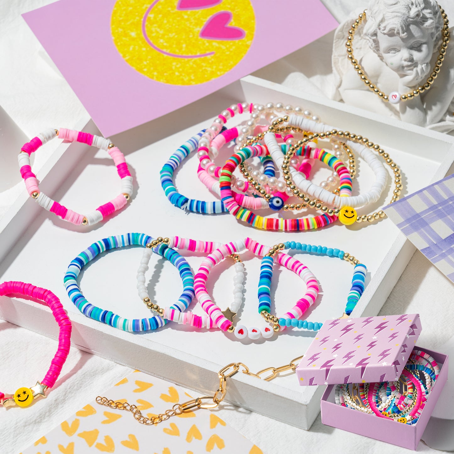 LieToi 16Pcs Preppy Heishi Bracelets Set Colorful Smile Heart Star Evil Eye Beaded Polymer Clay Pearl Stackable Charm Y2K Kidcore Summer Beach Bohemian Layering Bracelets Jewelry for Women Girls Teens