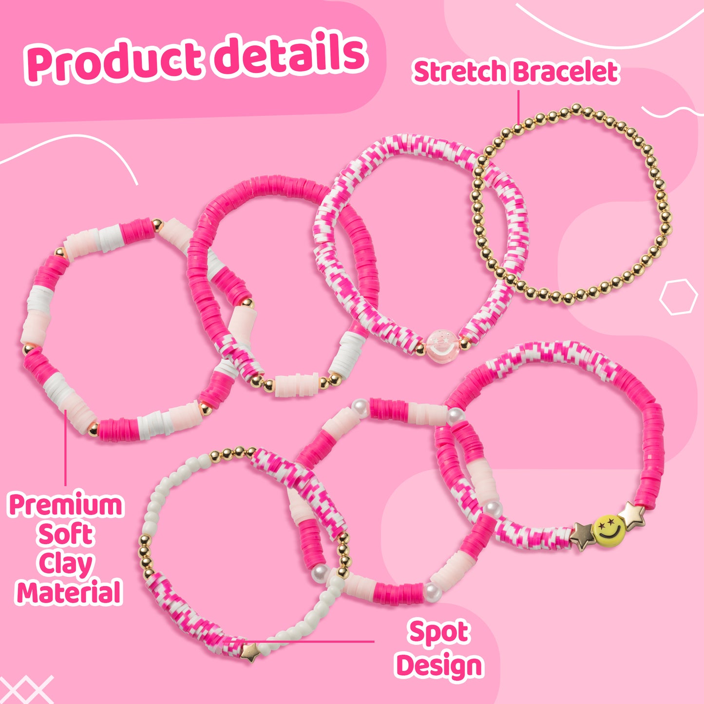 LieToi 7Pcs Preppy Heishi Bracelets Hot Pink Smile Star Beaded Surfer Bracelets Polymer Clay Stackable Disc Summer Beach Layering Bracelets Y2K Stretch Boho Jewelry Gift for Women Girls
