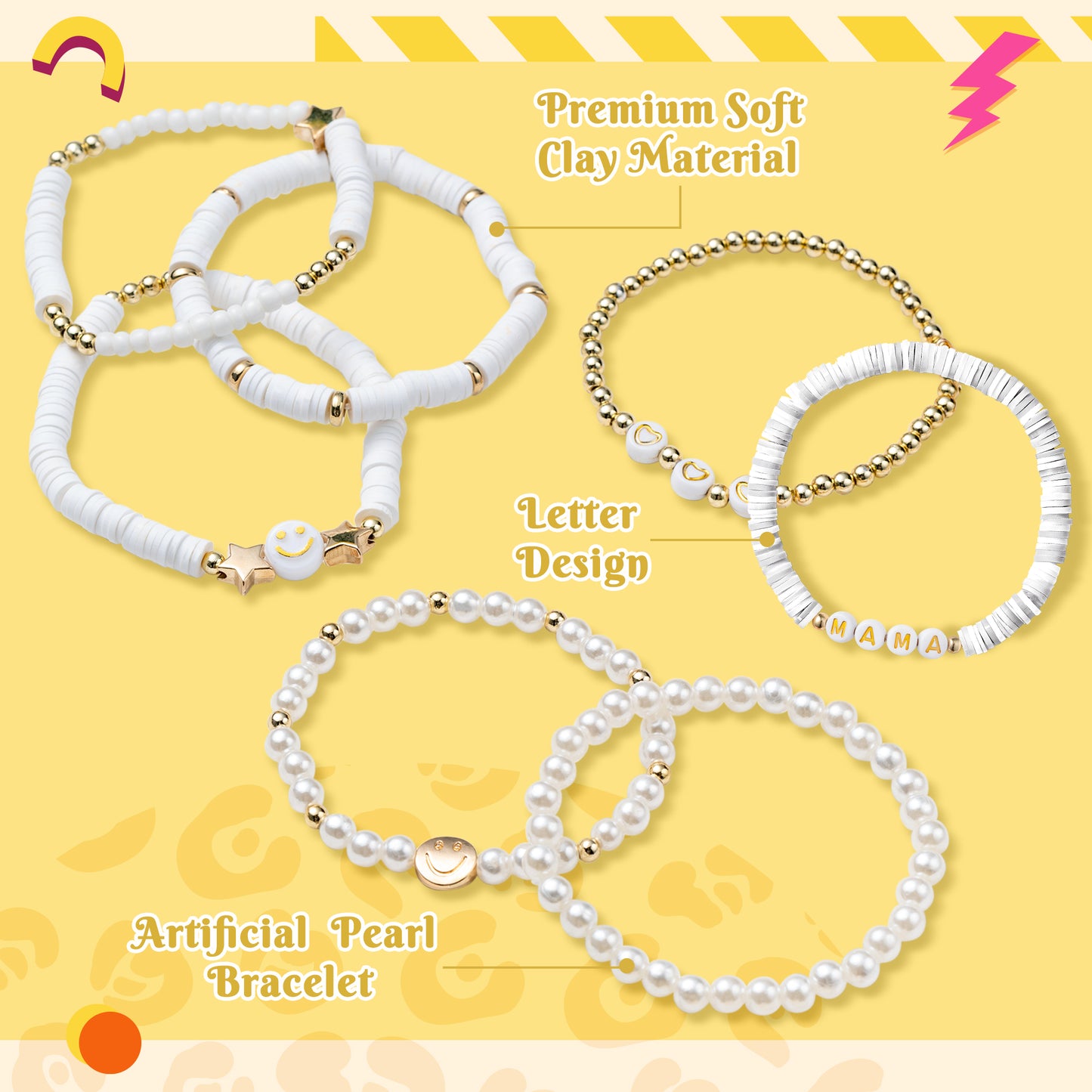 LieToi 7Pcs Preppy MAMA Heishi Bracelets Set White Smile Heart Star Beaded Surfer Bracelets Gifts for Mom Polymer Clay Pearl Stackable Summer Beach Boho Layering Stretch Birthday Mothers Day Gifts