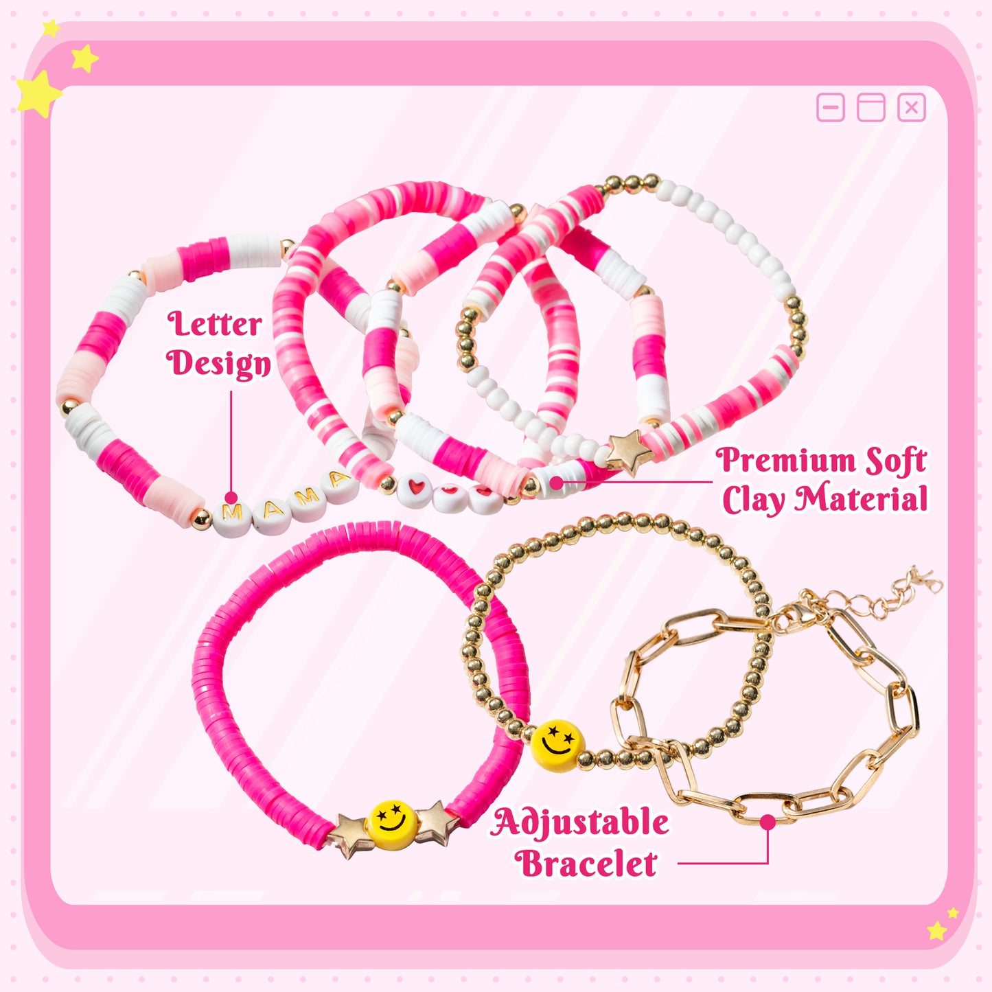 LieToi 7Pcs Preppy MAMA Heishi Bracelets Set Hot Pink Smile Heart Star Beaded Surfer Bracelets Gifts for Mom Polymer Clay Pearl Stackable Summer Beach Boho Layering Stretch Birthday Mothers Day Gifts