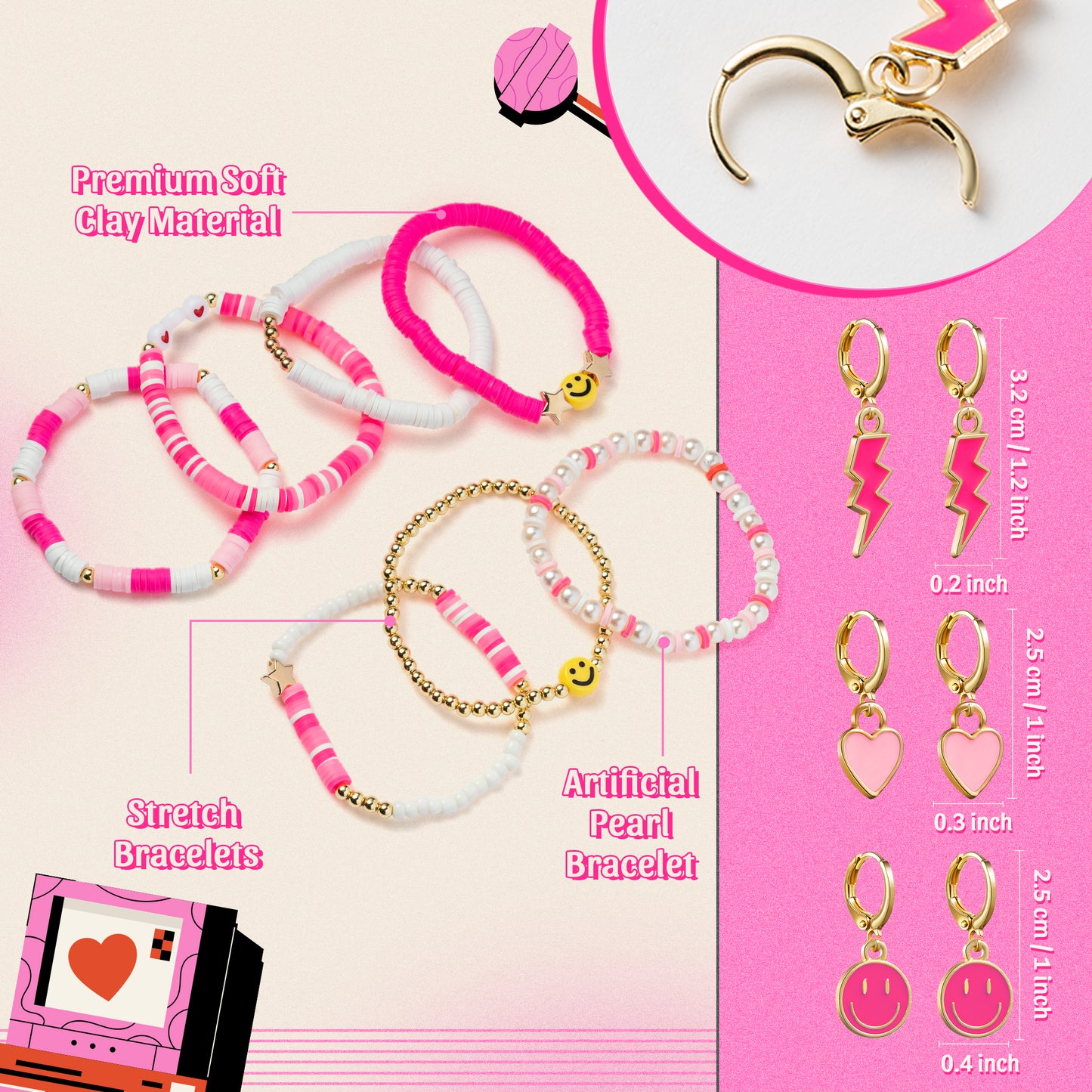 LieToi Preppy Heishi Bracelets and Earrings Kit Hot Pink Polymer Clay Stackable Disc Summer Beach Surfer Bracelets Preppy Charms Pendants Huggie Hoop Dangle Earrings Y2K Jewelry for Women Girls Gift
