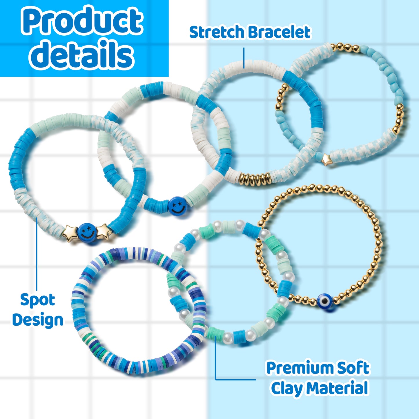 LieToi 7Pcs Preppy Heishi Bracelets Blue Smile Evil Eye Star Beaded Surfer Bracelets Polymer Clay Stackable Disc Summer Beach Layering Bracelets Y2K Stretch Boho Jewelry for Women Girls