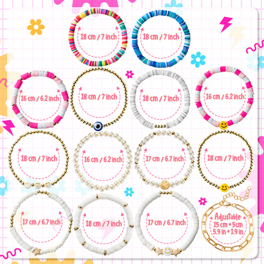LieToi 14Pcs Preppy Heishi Bracelets Kit Mixed Color and White Smile Evil Eye Heart Star Beaded Surfer Bracelets Polymer Clay Pearl Stackable Disc Summer Beach Layering Bracelets Y2K Boho Jewelry