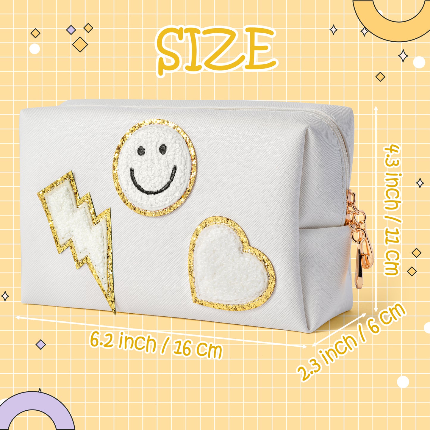 LieToi Preppy Patch Small Toiletry Bag, Smile Lightning Heart PU Leather Portable Waterproof Makeup Cosmetic Bag Daily Use Storage Purse Travel Organizer Compliant Bag for Women Girls (Pure White)