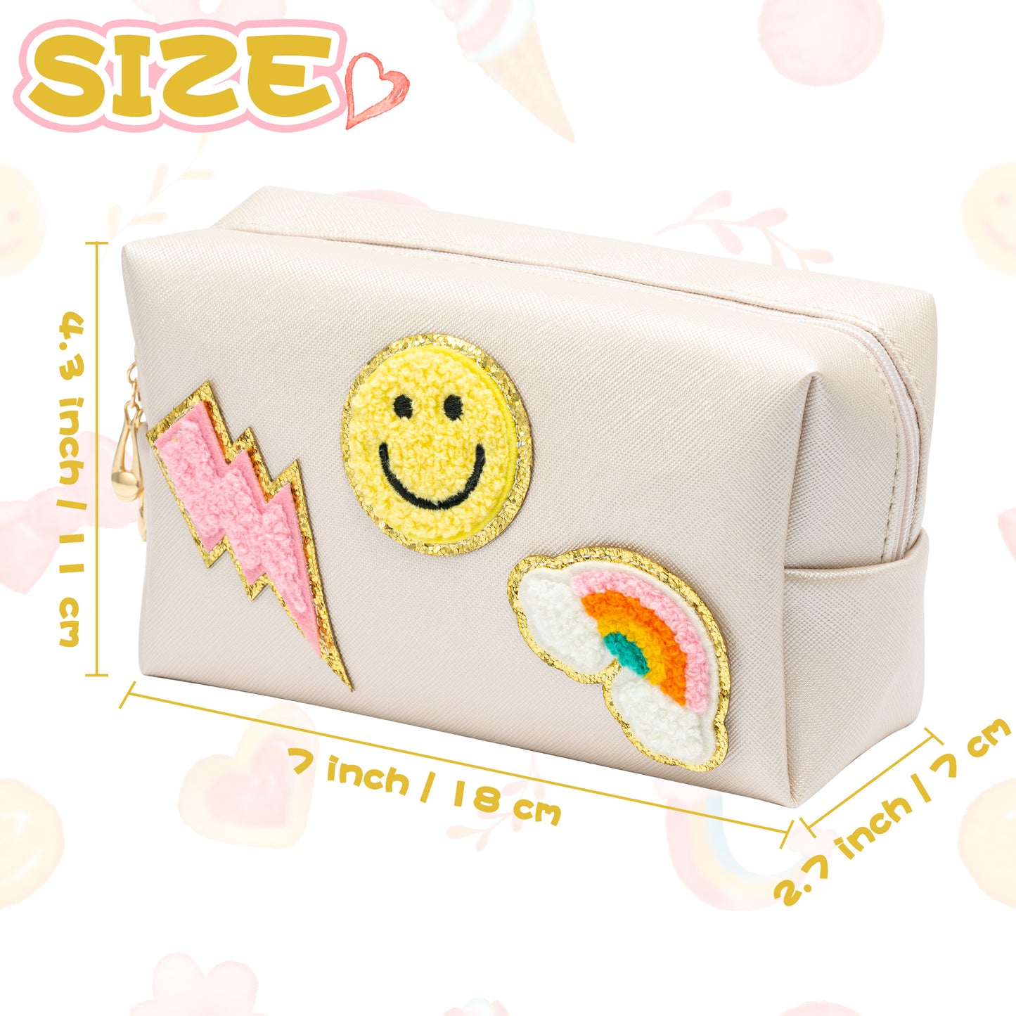 LieToi Preppy Patch Small Cosmetic Toiletry Bag Smile Rainbow Lightning PU Leather Waterproof Portable Cosmetic Makeup Bag Travel Organizer Pouch for Toiletries Storage Women Girls Gift (Shell White)