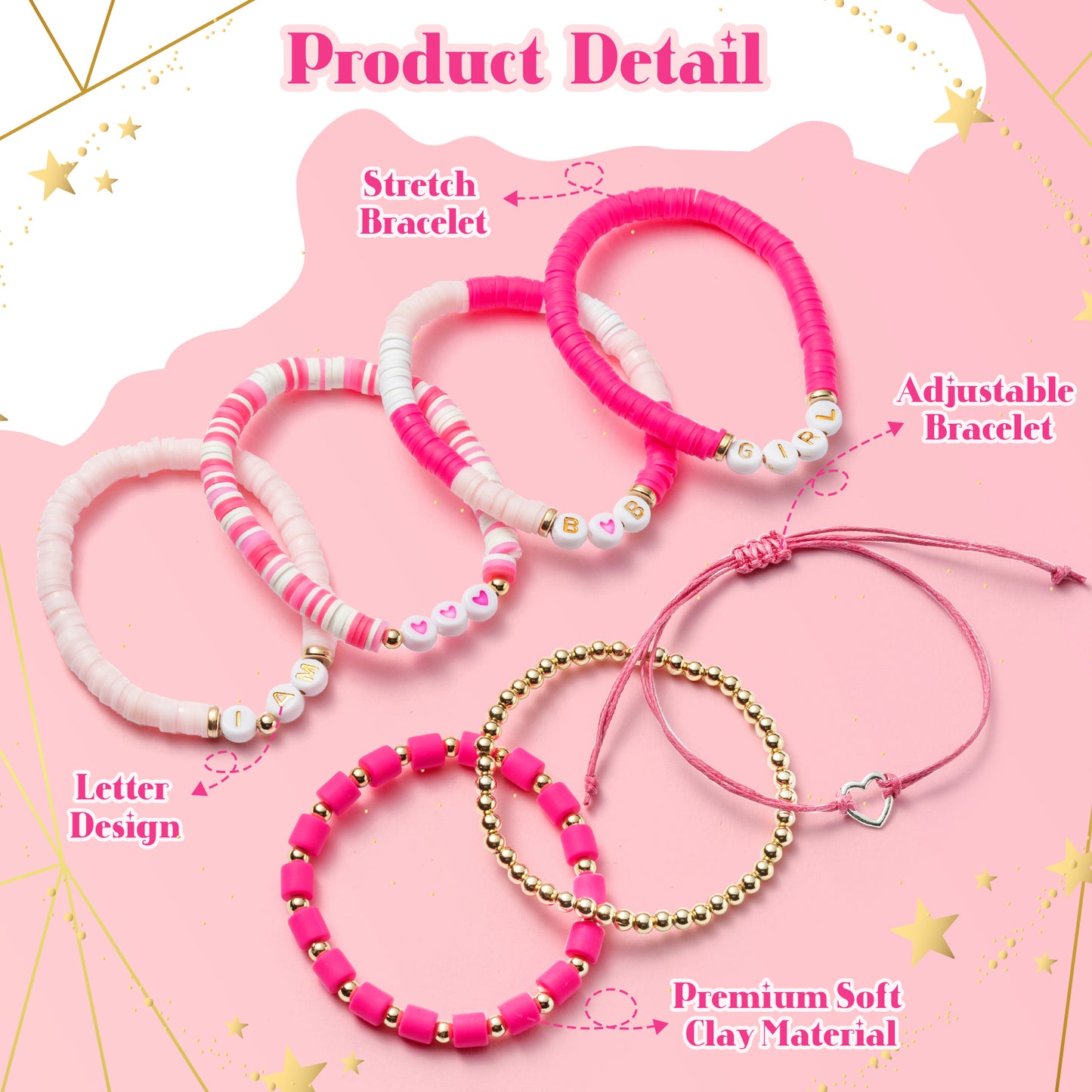 LieToi 7Pcs Preppy Heishi Bracelets Kit Pink Heart Beaded Surfer Bracelets Braided Rope Charms Polymer Clay Stackable Disc Summer Beach Layering Bracelets Y2K Stretch Boho Jewelry for Women Girls