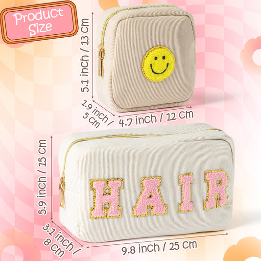 LieToi 3Pcs Preppy Corduroy Makeup Bags Set, SKIN HAIR Chenille Letter Patch Cosmetic Bag Portable Toiletry Bag Large Capacity Storage Zipper Purse Travel Organizer Bag for Women Girls